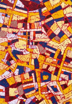 Une ville émergente - Art abstrait contemporain Peinture à l'huile rouge et jaune