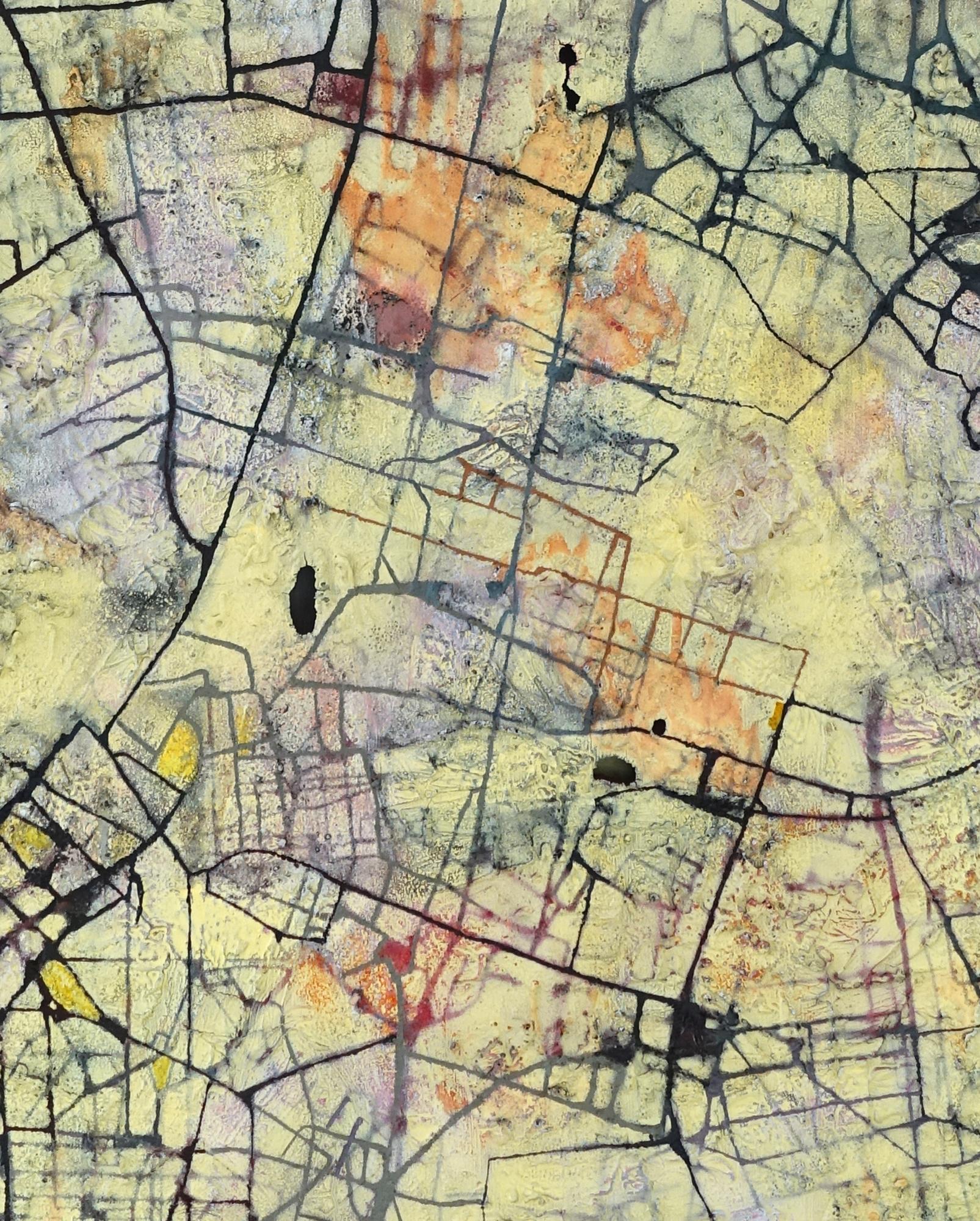City of Desires - British Abstract art oil painting cityscape mapping yellow - Painting by Stanza