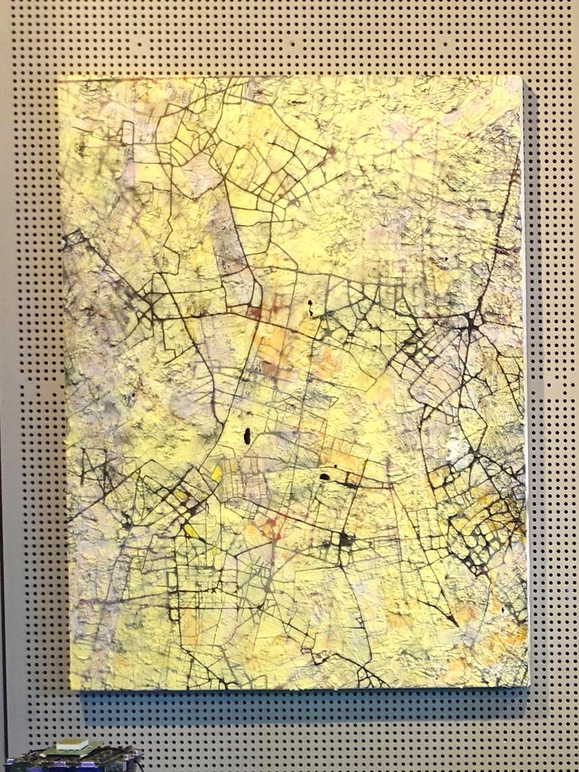City of Desires - British Abstract art oil painting cityscape mapping yellow For Sale 1