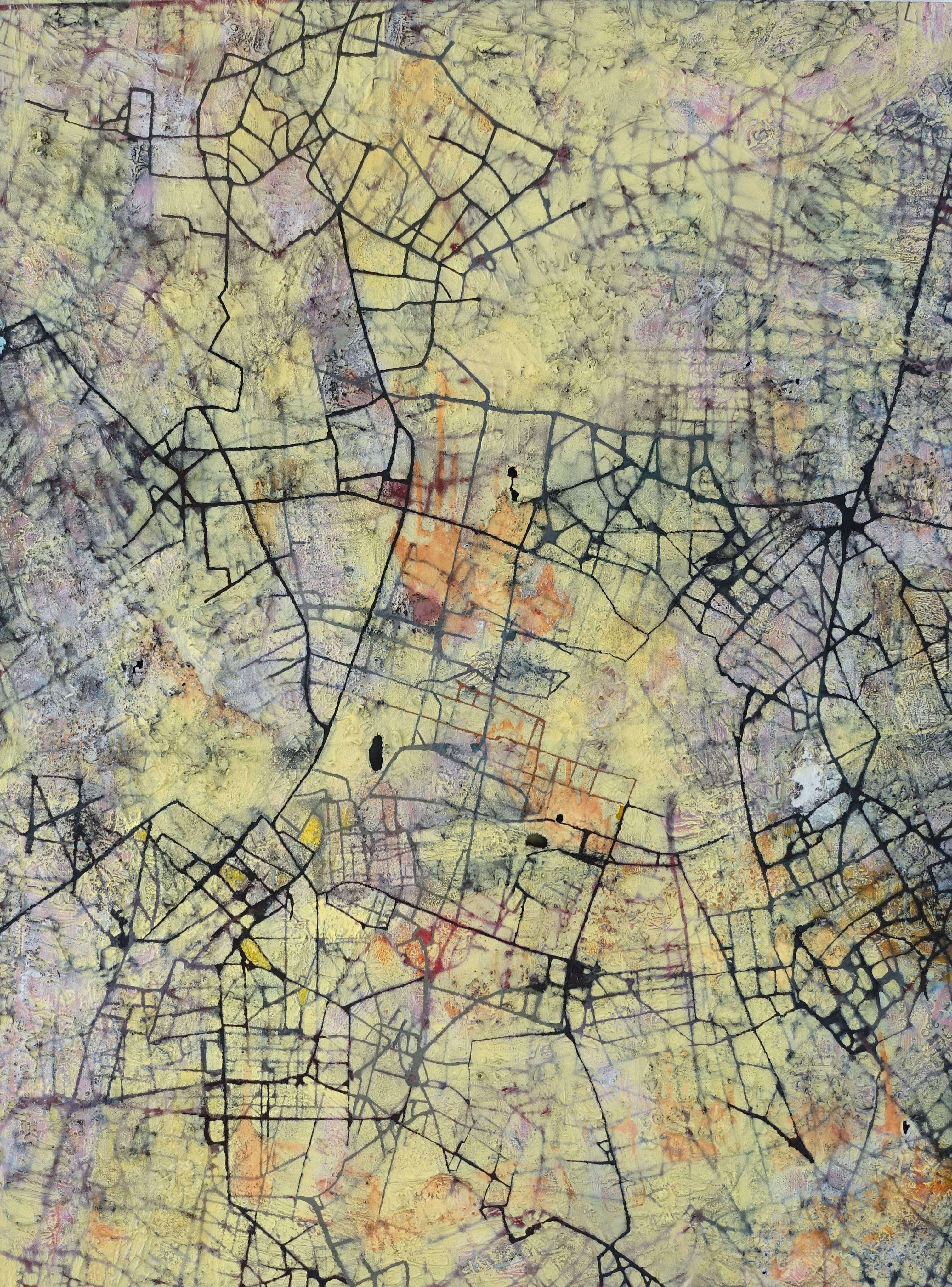 Stanza Abstract Painting – City of Desires – britisches abstraktes Ölgemälde einer Stadt mit gelbem Grundriss