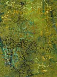 City of Hope - British Abstract oil painting cityscape mapping green