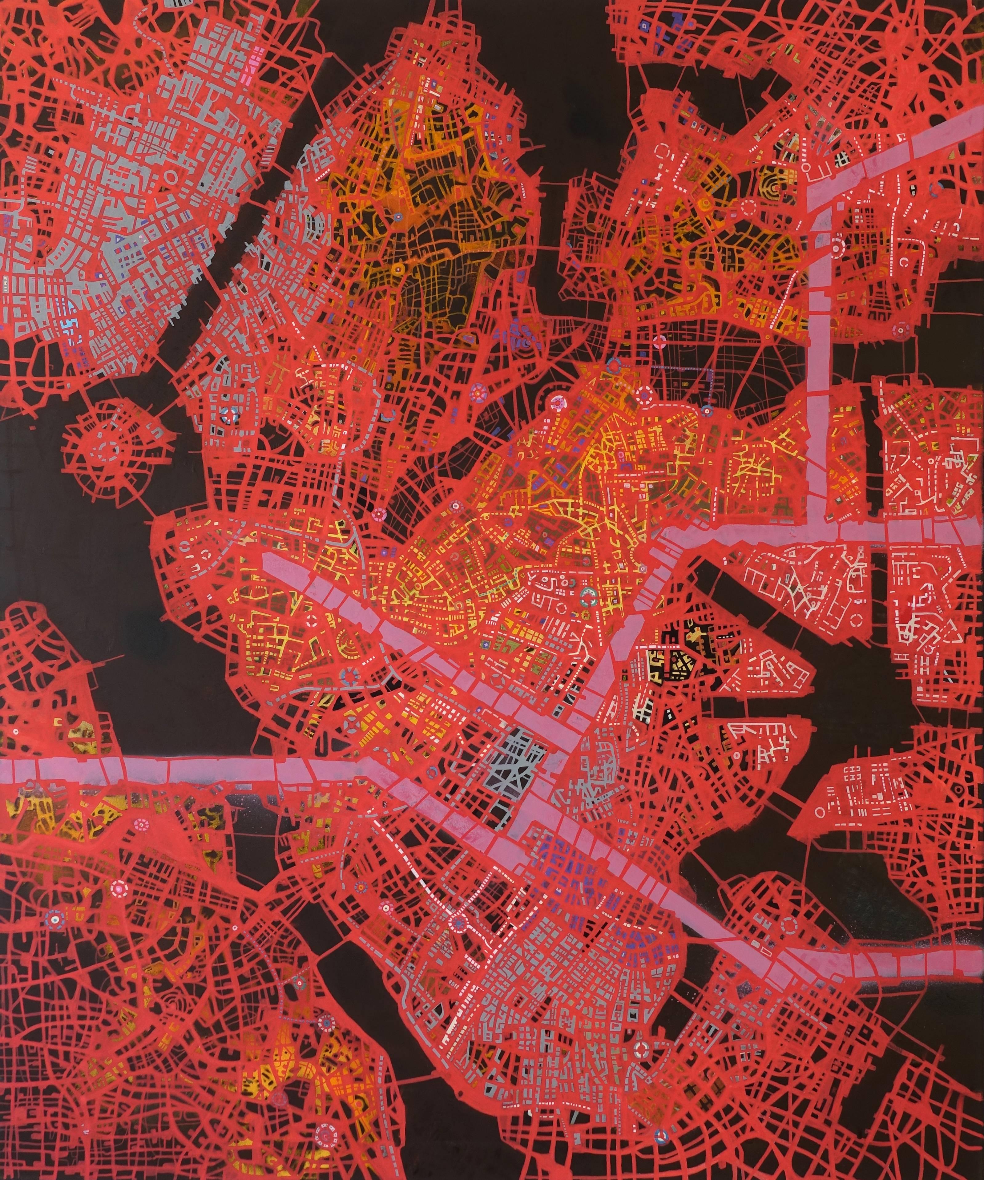 Just Keep Going Until You Find me - Peinture à l'huile abstraite britannique rouge carte de la ville