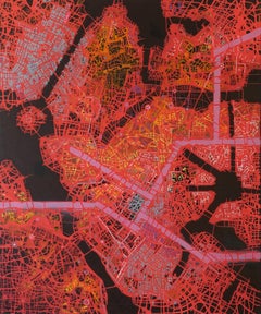 Just Keep Going Until You Find me - British Abstract oil painting city map red