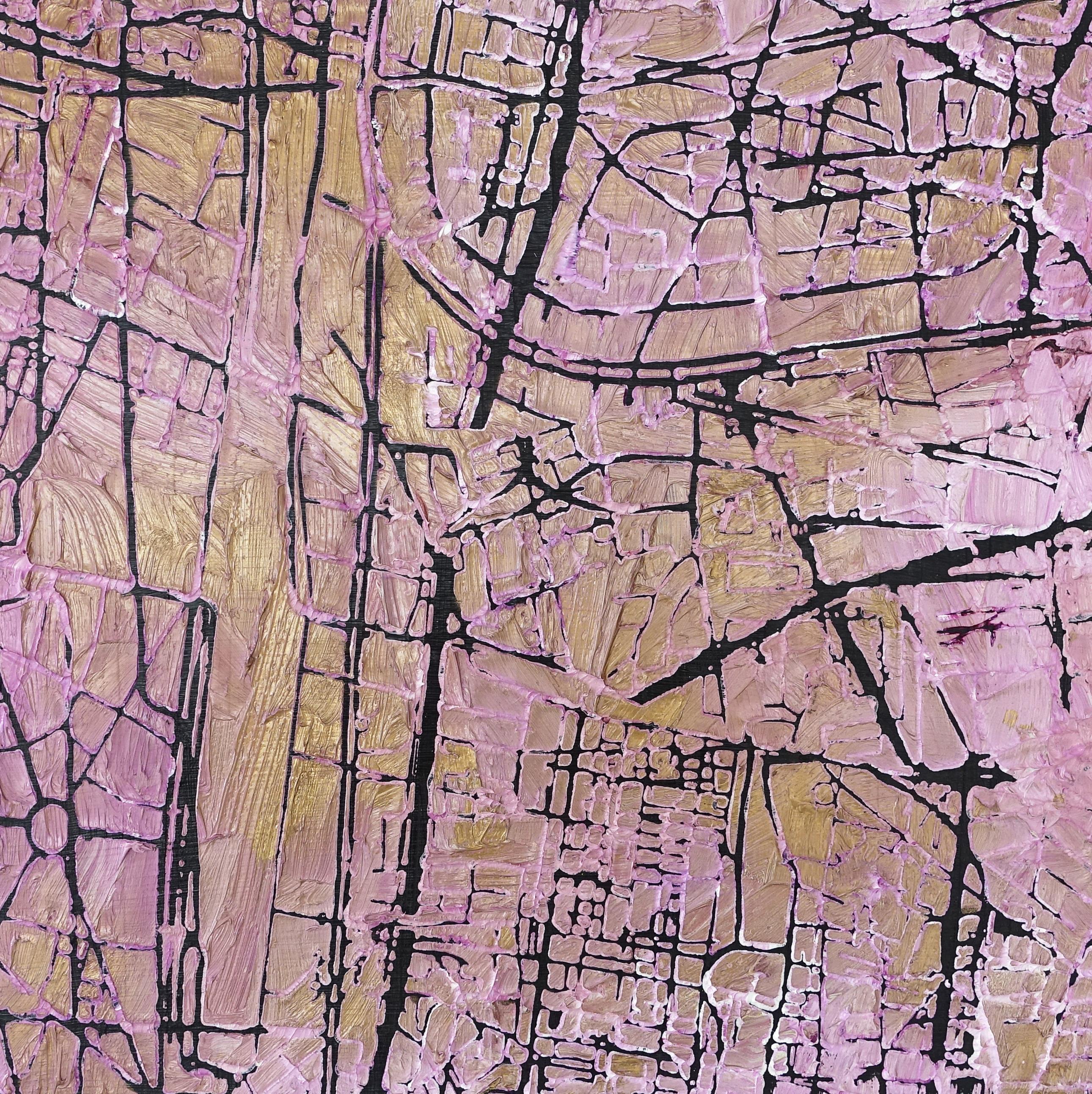 Stanza Abstract Painting - Network Black - Contemporary Abstract Art Oil Painting Gold Pink