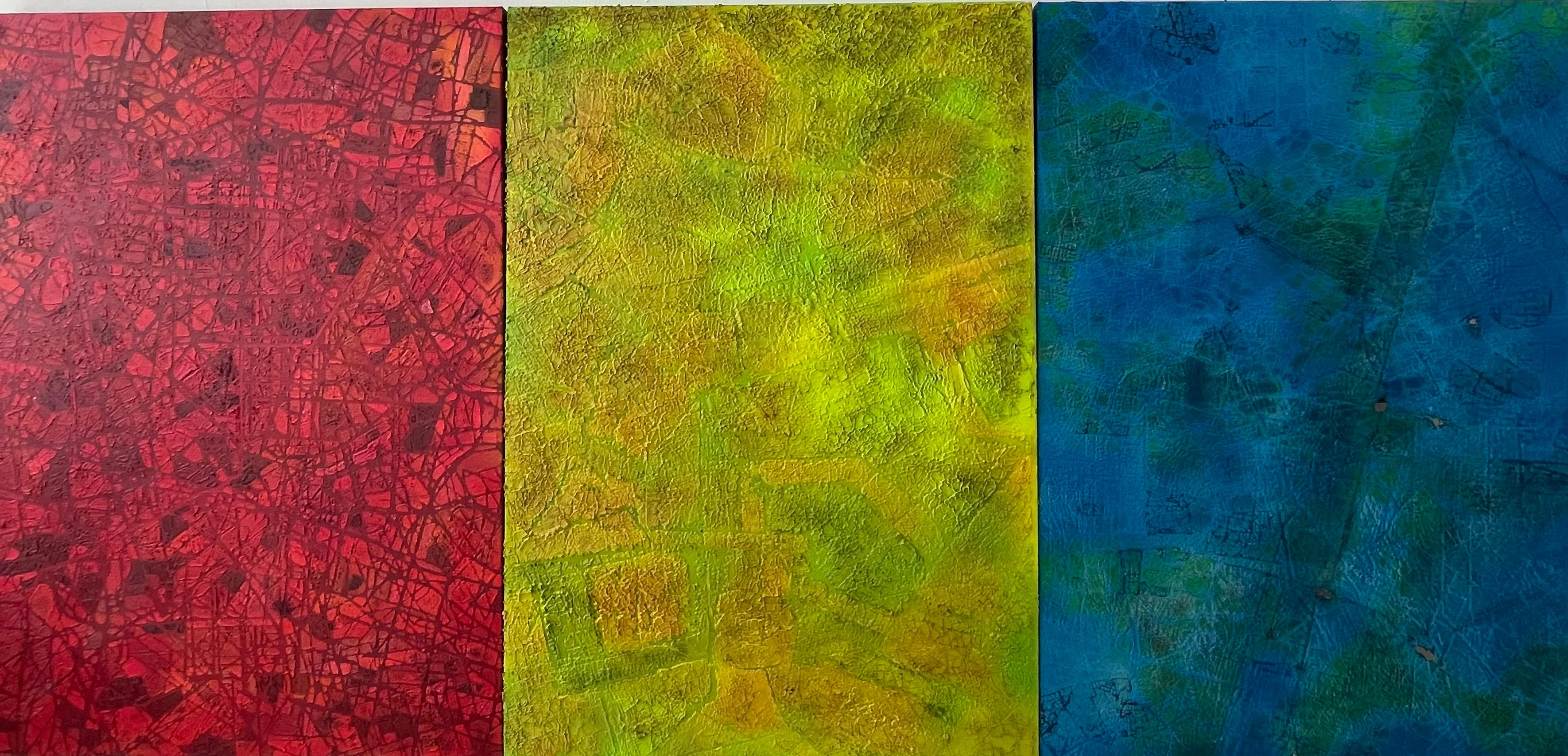RGB Passato Presente Futuro - Pittura astratta contemporanea a olio Rosso Verde Blu - Painting Astratto di Stanza