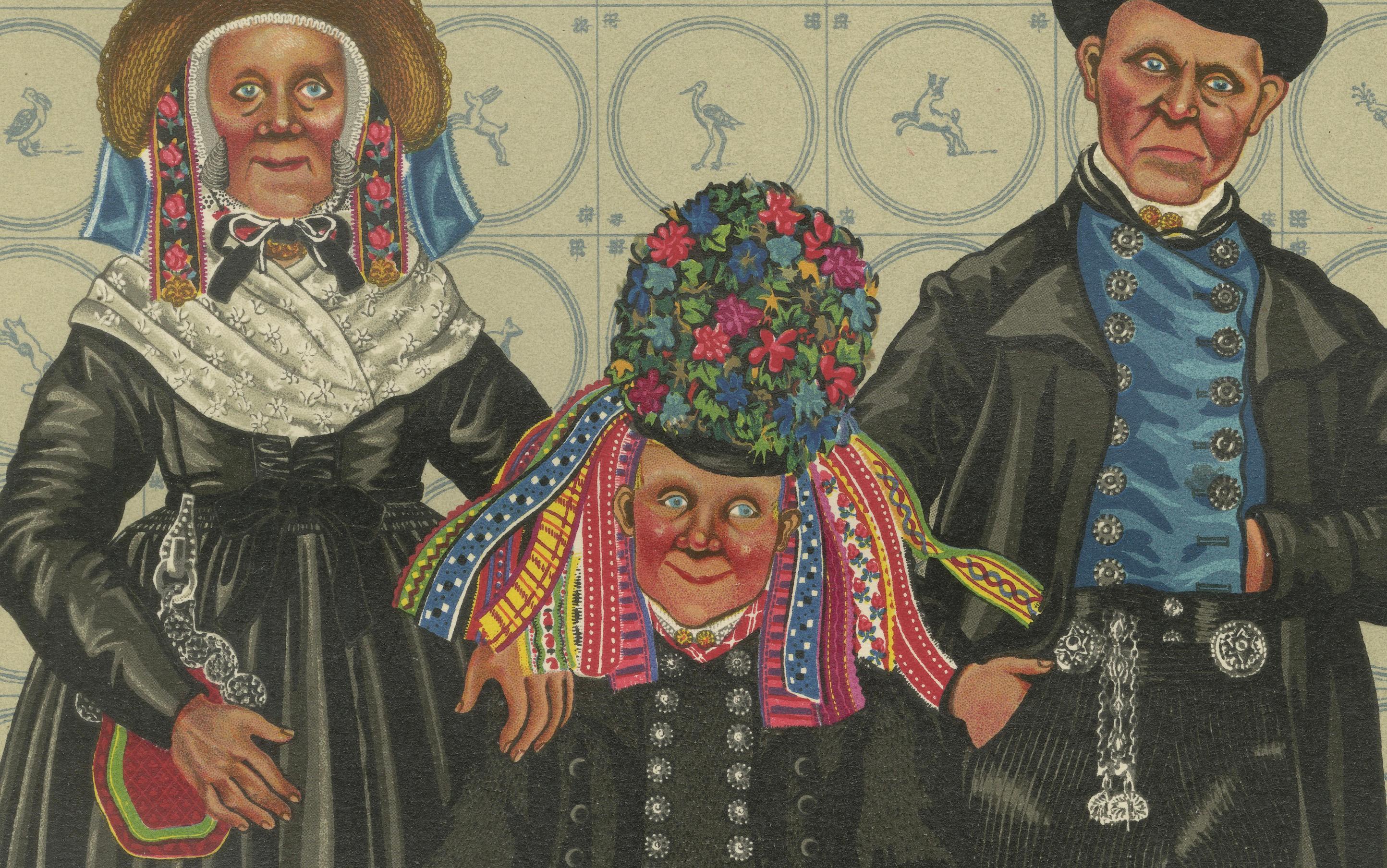 Staphorst Zeremonienkleid mit Muschelhut und silbernen Anhängern, 1932

Diese detailreiche handkolorierte Lithografie ist Tafel IX aus dem 1932 erschienenen Folianten The National Costumes of Holland von Gratiane de Gardilanne und Elizabeth Whitney