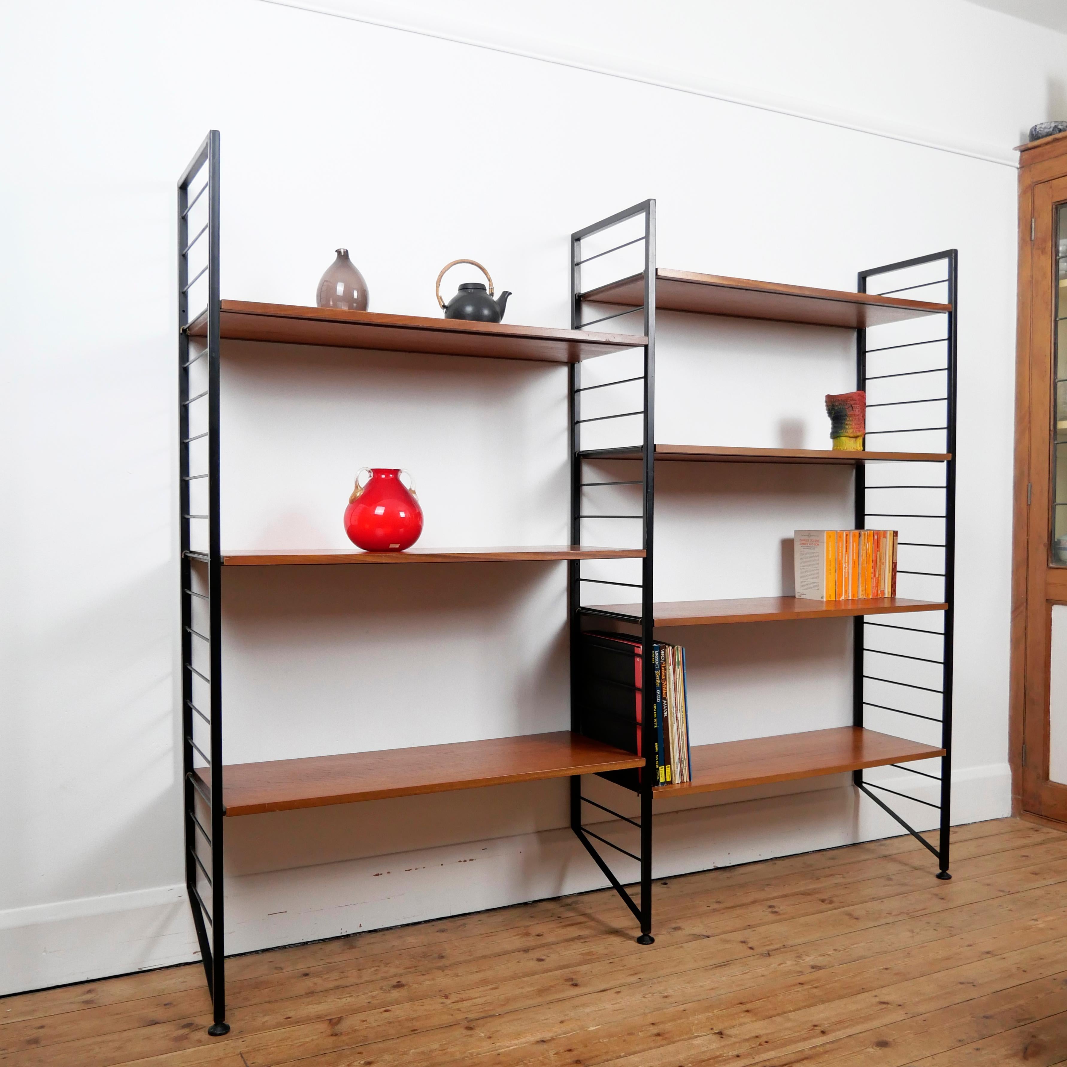 Staples Ladderax Shelving Unit, Teak Mid-Century like Danish 50s String Shelves In Good Condition For Sale In London, GB