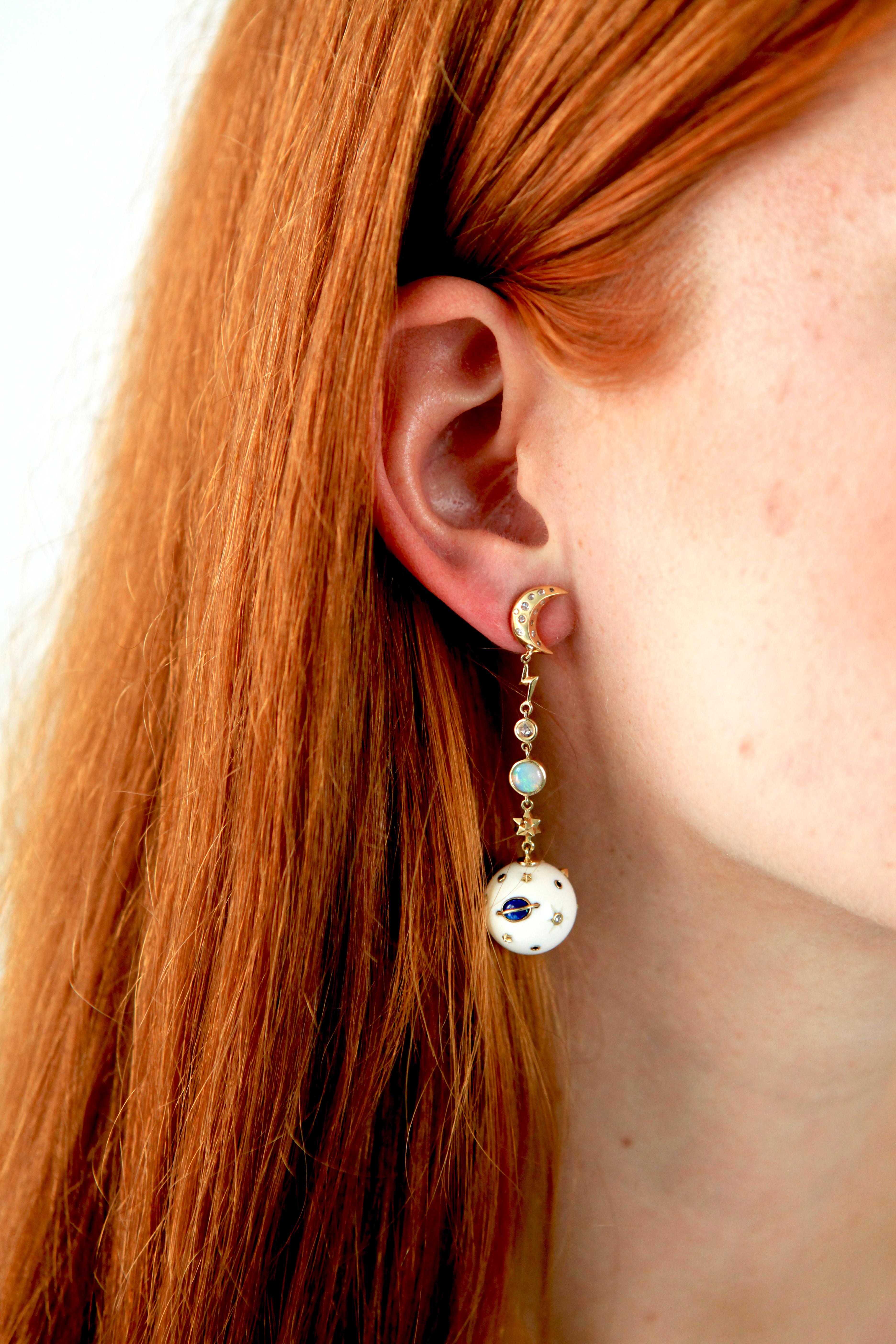 Contemporary Star and Moon Mammoth Galaxy Earrings with Opal Diamond and Sapphire For Sale