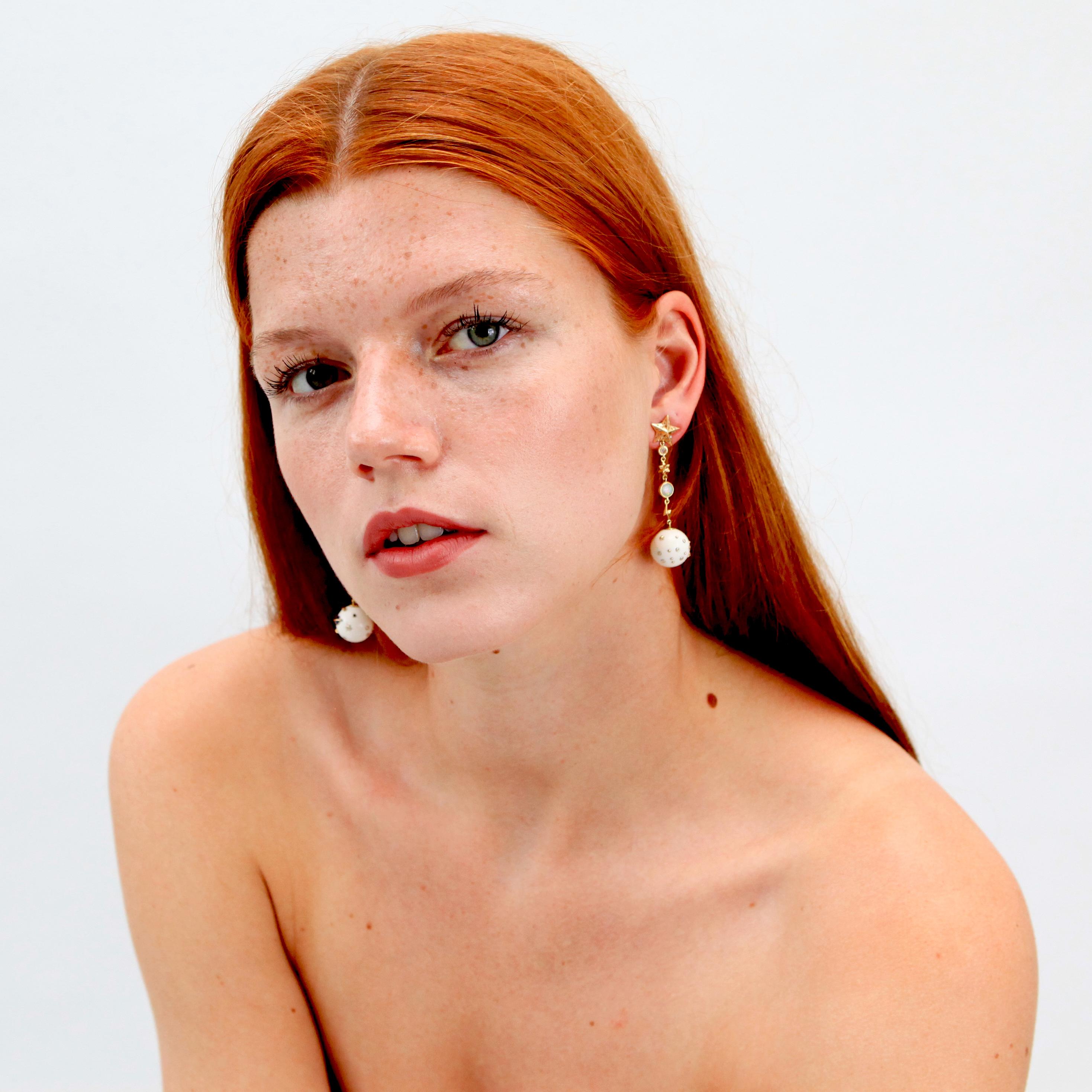Star and Moon Mammoth Galaxy Earrings with Opal Diamond and Sapphire In New Condition For Sale In Amsterdam, NL