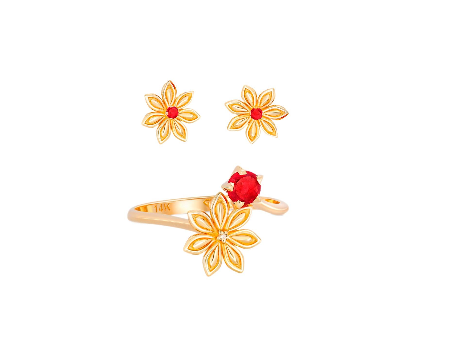 Star Anise Flower Jewelry set: ring and earrings in 14k gold. For Sale 5