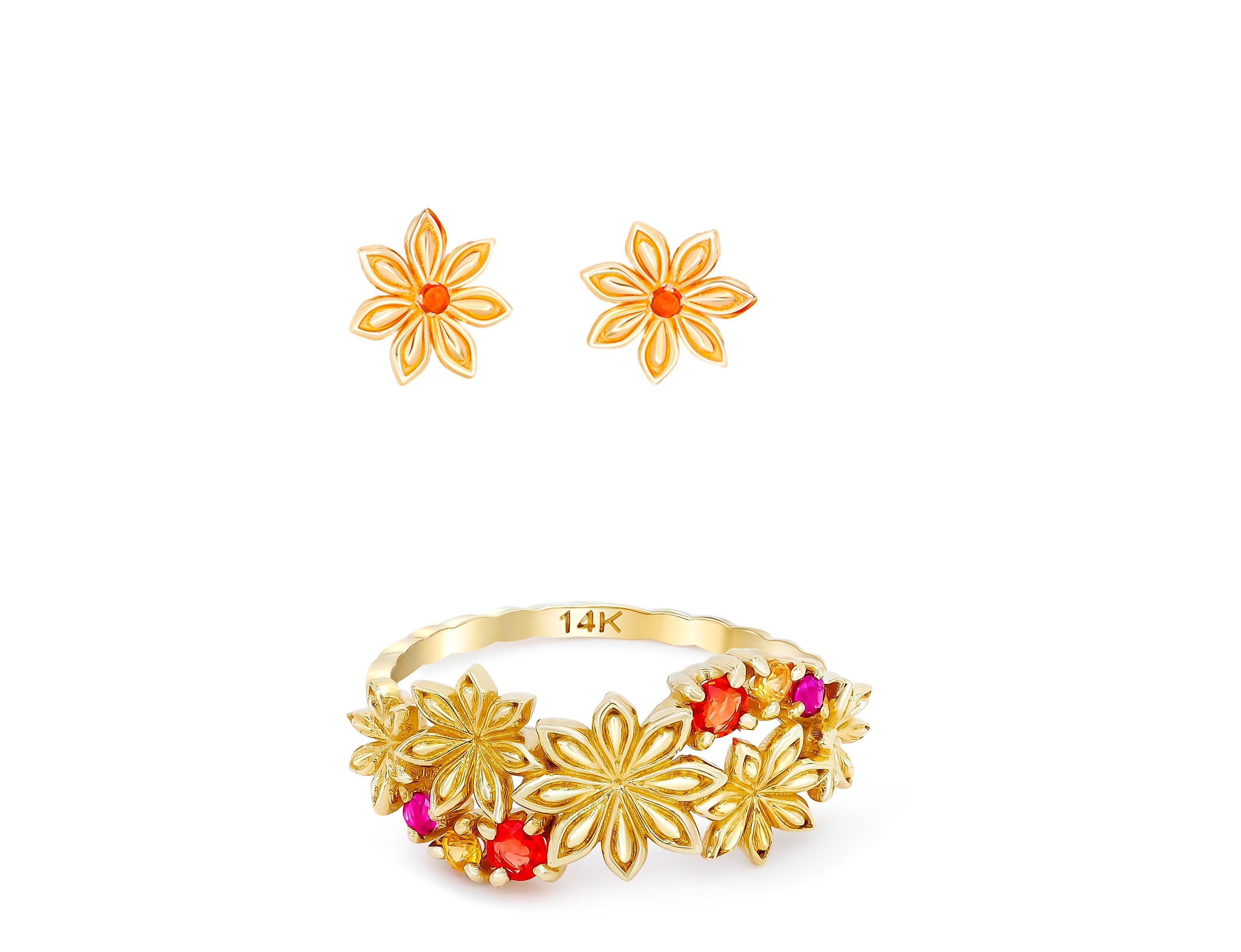 Star Anise Flower Jewelry set: ring and earrings in 14k gold. For Sale 3