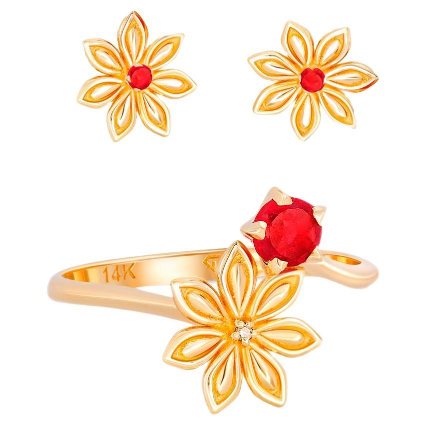 Star Anise Flower Jewelry set: ring and earrings in 14k gold.