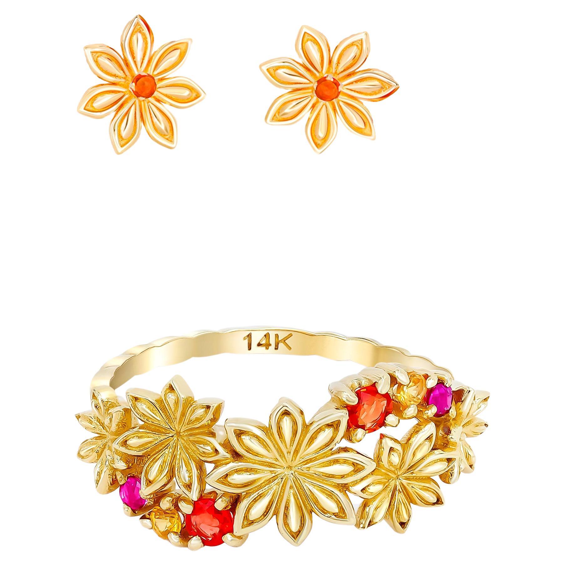 Star Anise Flower Jewelry set: ring and earrings in 14k gold. For Sale