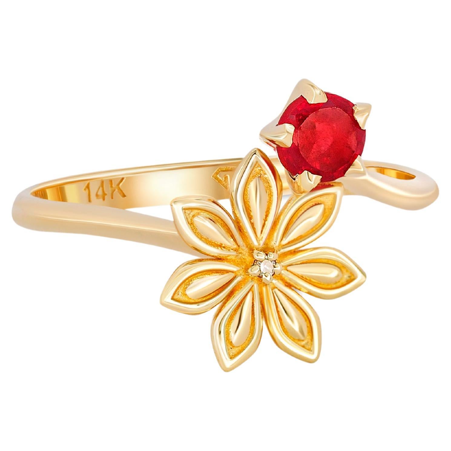 Star Anise Flower ring with ruby.  For Sale