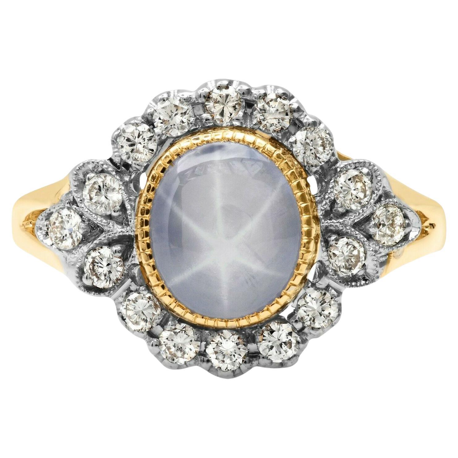 Star Asterism 3.20 Carat Sapphire Diamond 3.55 TCW Yellow Gold Engagement Ring