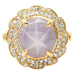 Star Asterism 6.40 Carat Center Sapphire Diamond 7.14 TCW Yellow Gold Engagement