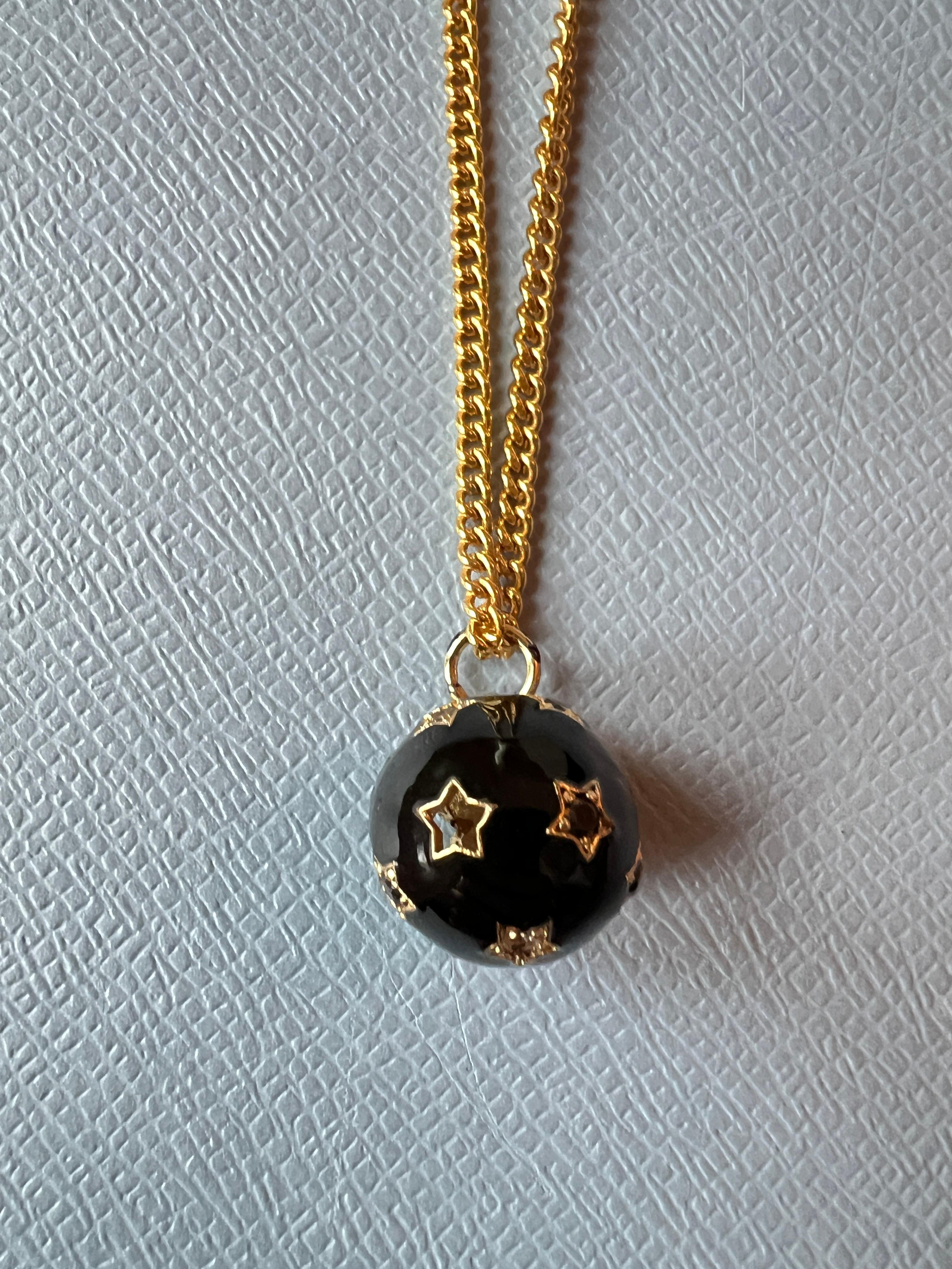 Brilliant Cut Star Ball Chain Necklace White Diamond Black Diamond Enamel Victorian Style