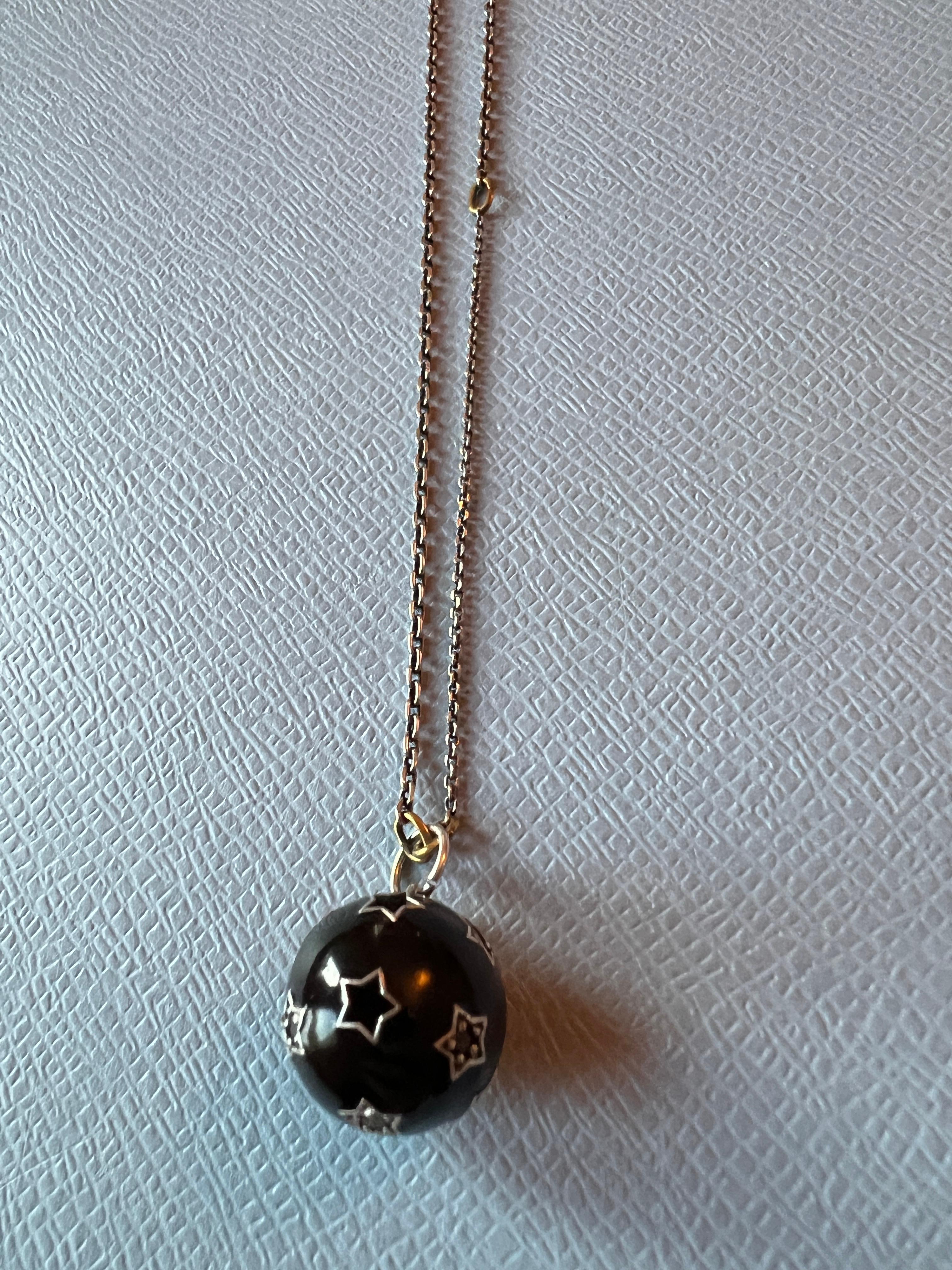 Star Ball Pendant Necklace White Diamond Black Diamond Black Enamel Memento Mori In New Condition In Los Angeles, CA