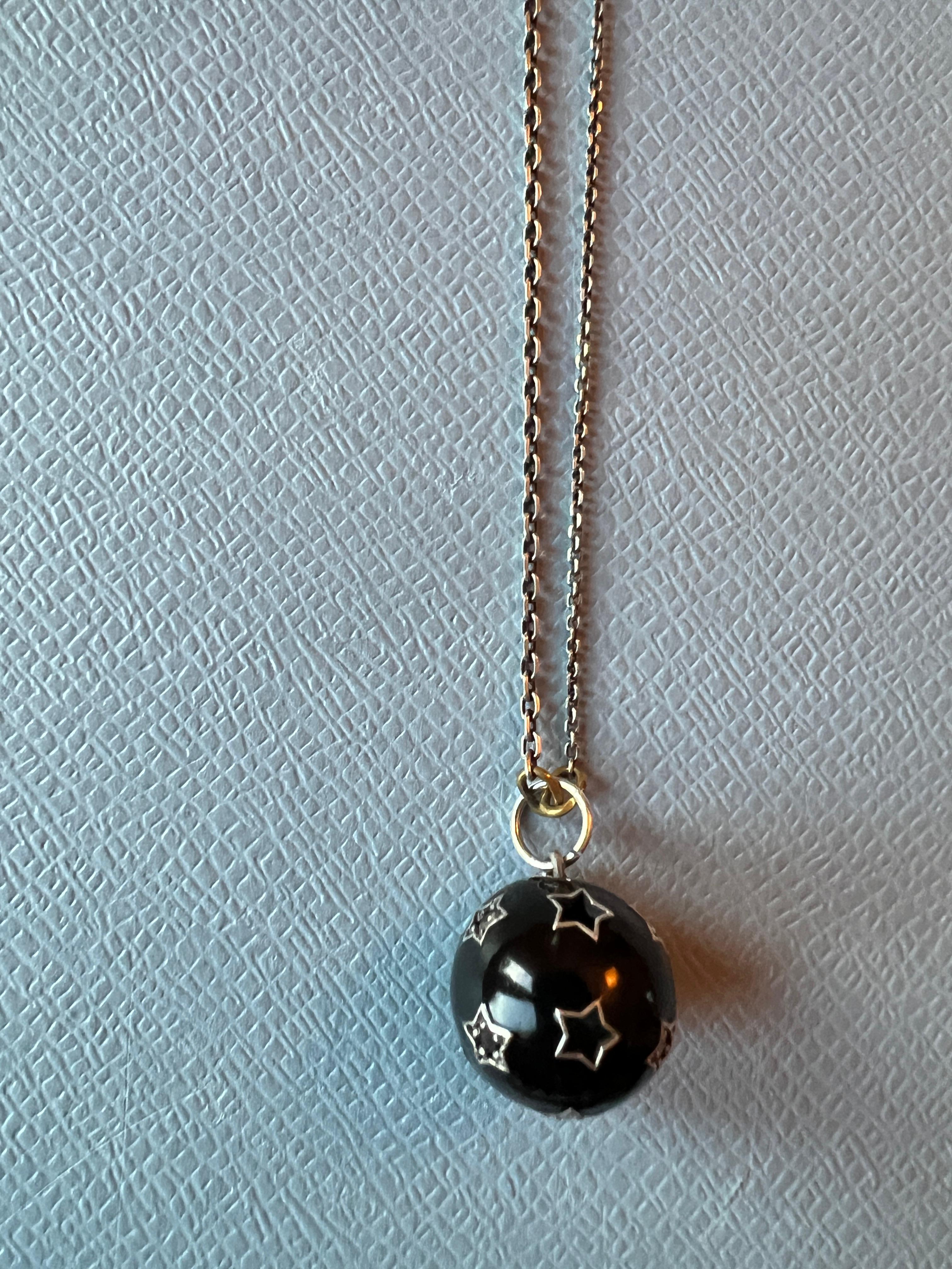 Women's Star Ball Pendant Necklace White Diamond Black Diamond Black Enamel Memento Mori