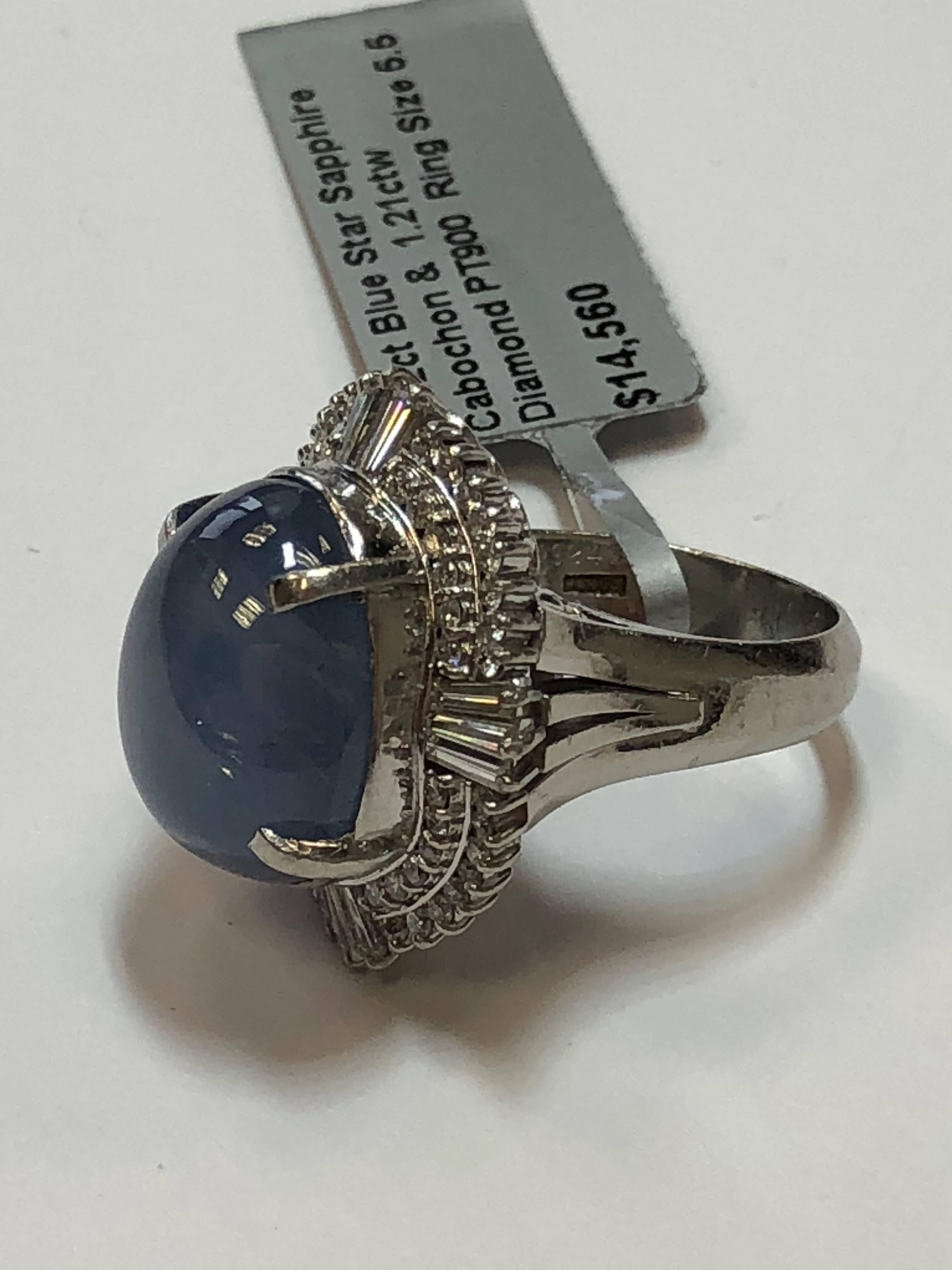 Oval Cut Star Blue Sapphire Cabochon and Diamond Cocktail Ring in Platinum