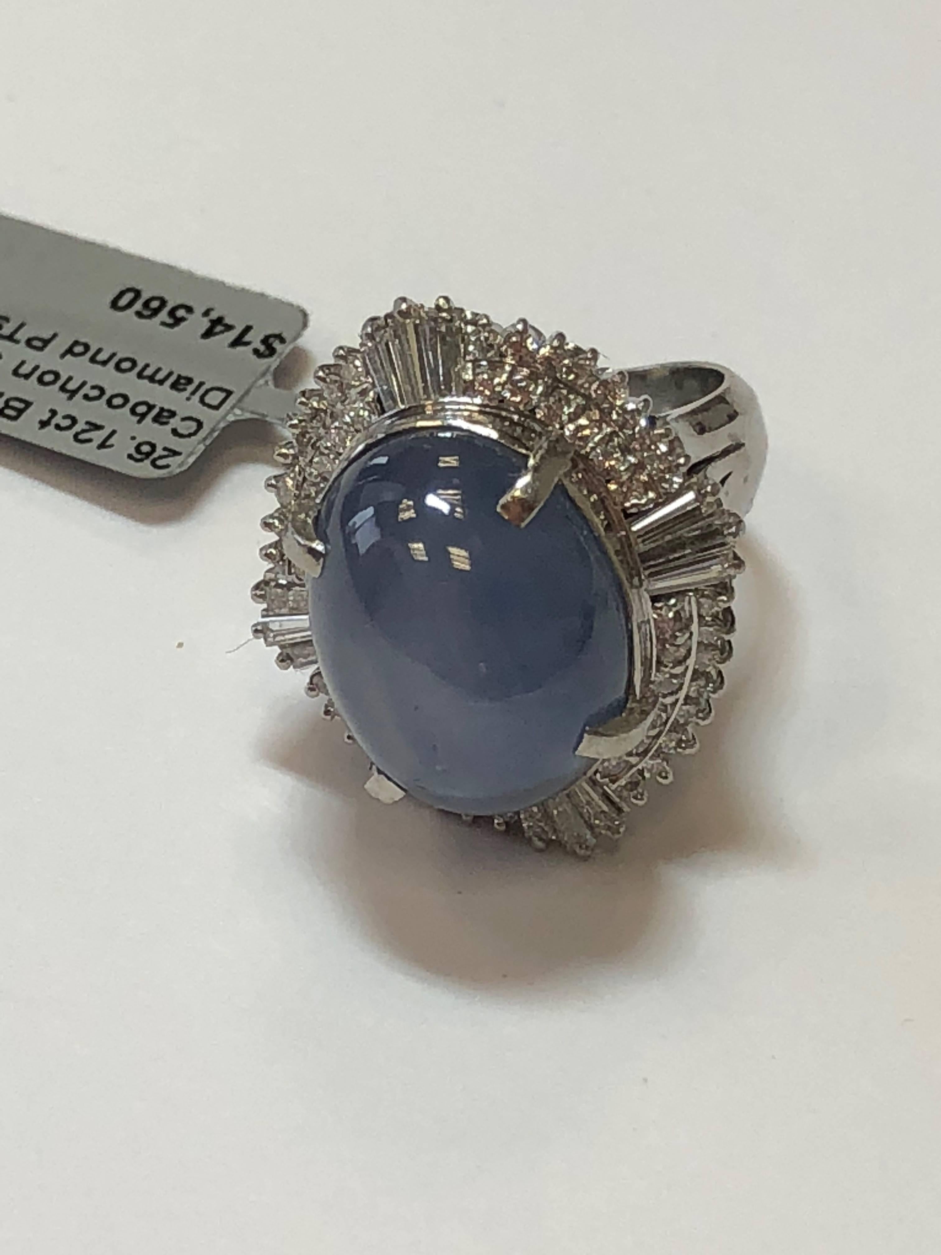 Star Blue Sapphire Cabochon and Diamond Cocktail Ring in Platinum In New Condition In Los Angeles, CA