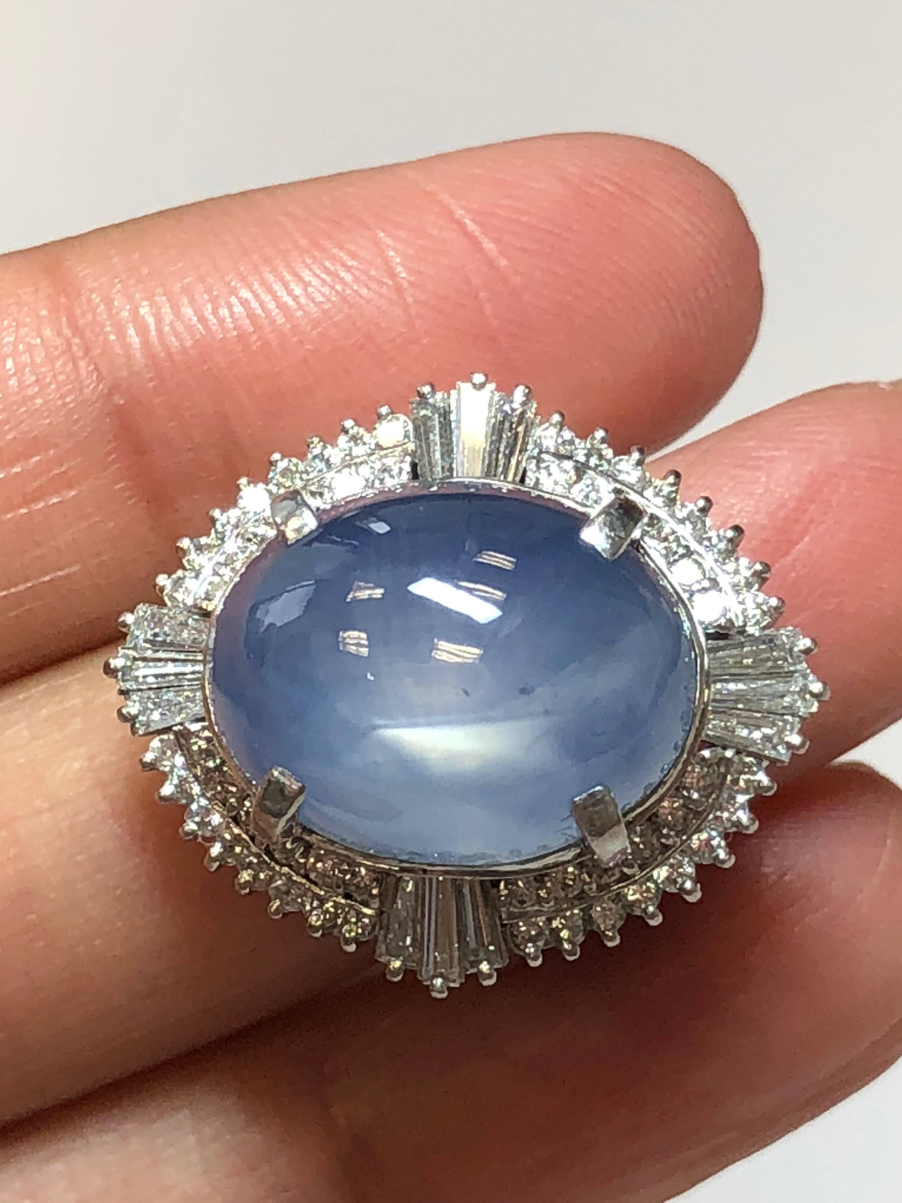 Women's or Men's Star Blue Sapphire Cabochon and Diamond Cocktail Ring in Platinum