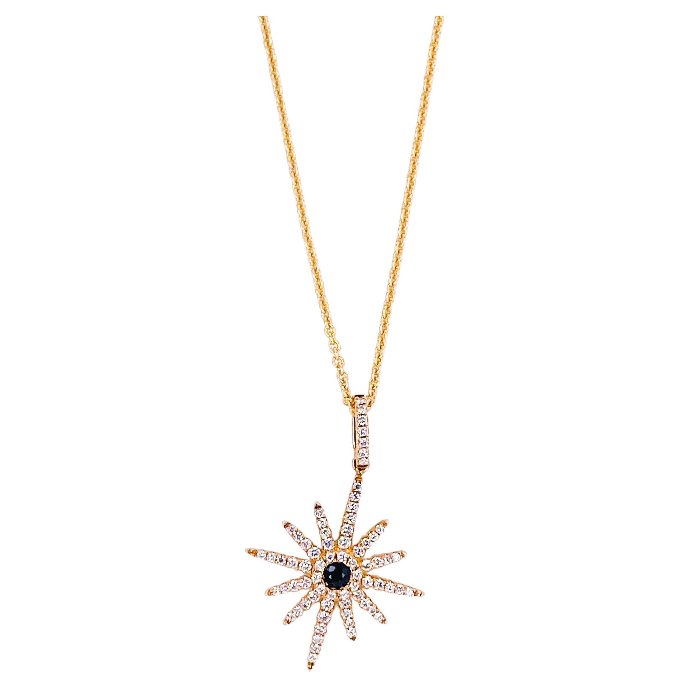 The miracle of life is pictured in this star bright pendant. A miracle in the making, this hand made North Star pendant and chain will beautify any neckline. There is one genuine blue sapphire in the center and over 50 diamonds accenting the design.