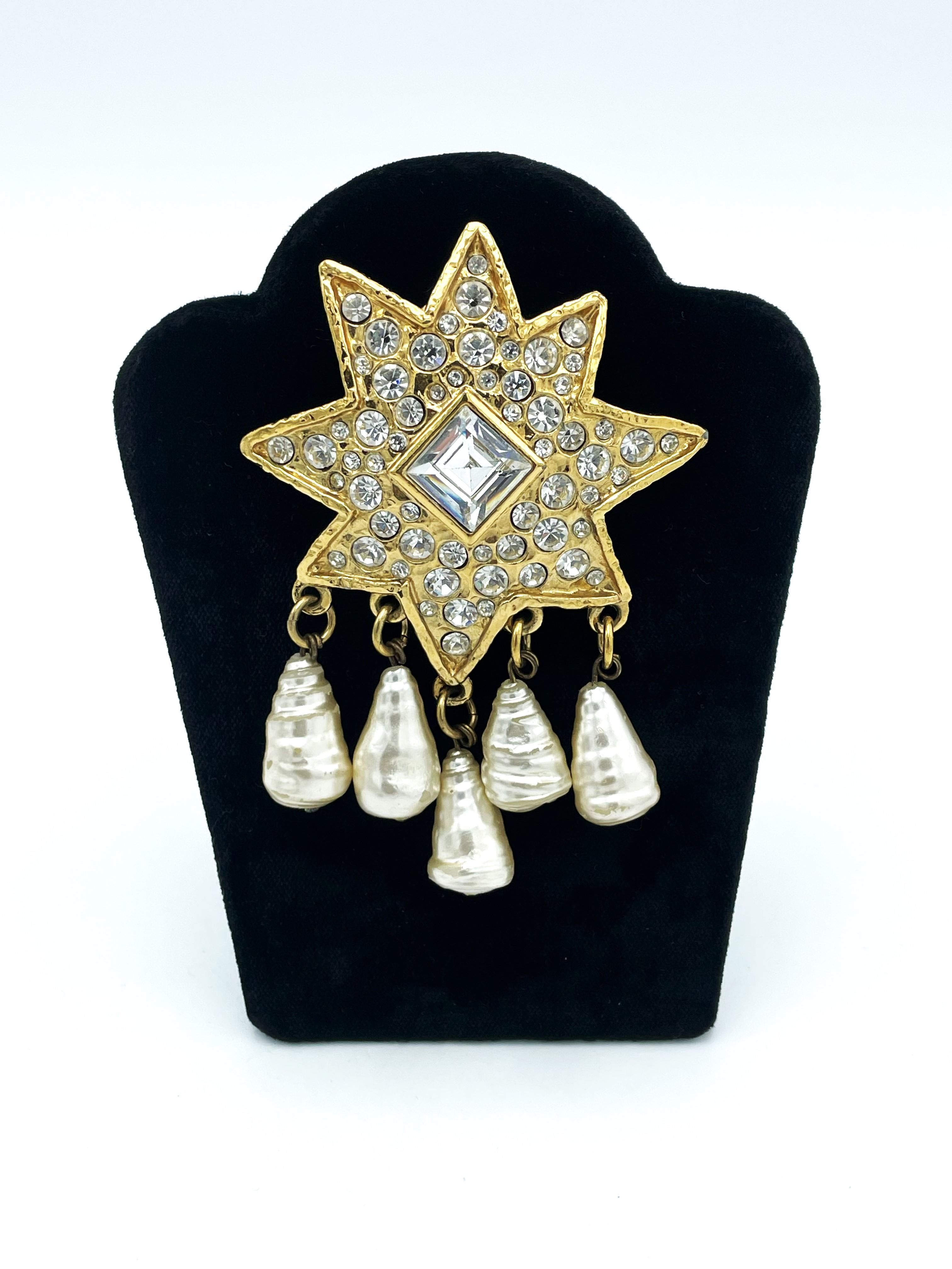 Romantic STAR BROOCH by Ch. Lacroix Paris fully set with rhinestones,  pearl , early 80' For Sale