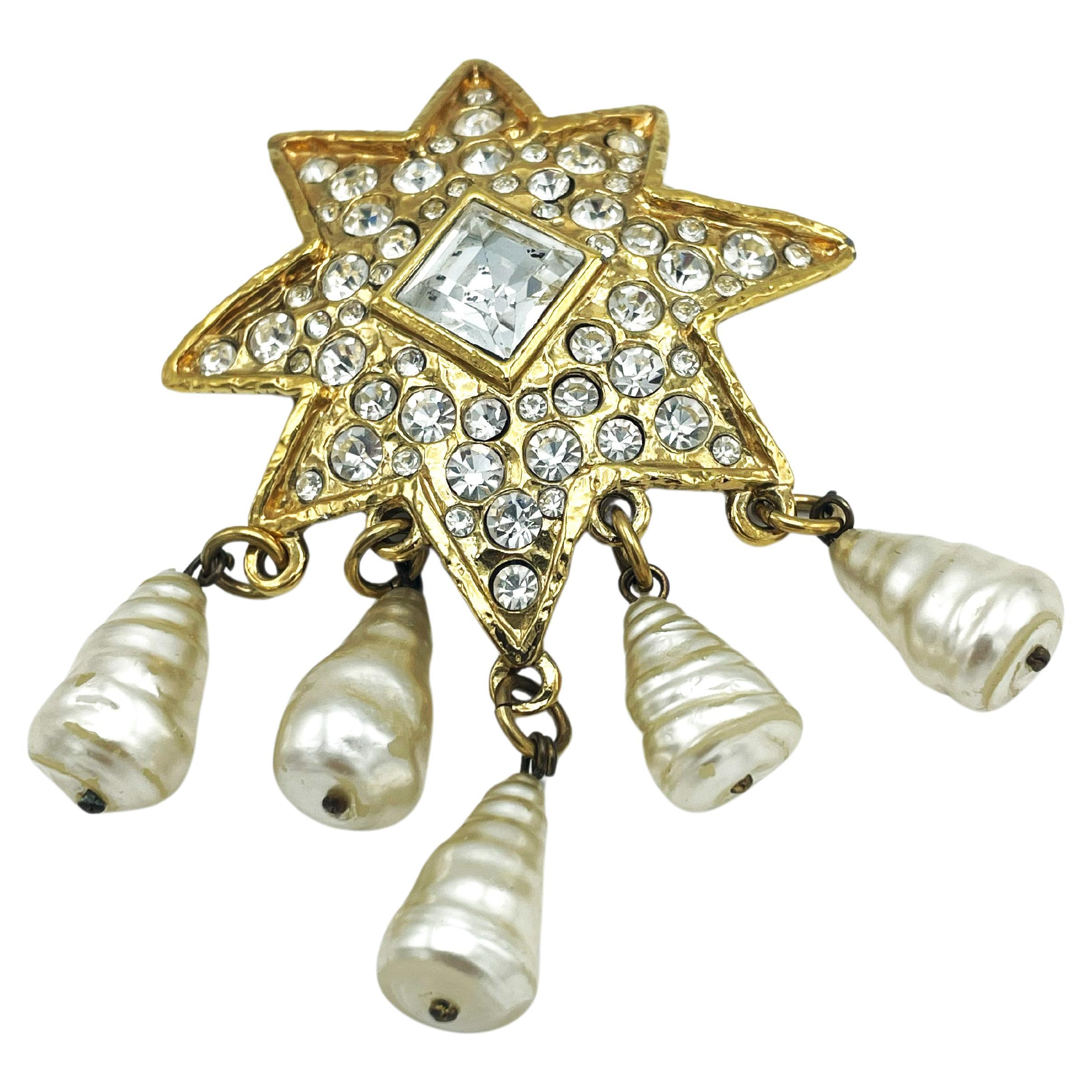 STAR BROOCH by Ch. Lacroix Paris fully set with rhinestones,  pearl , early 80' For Sale