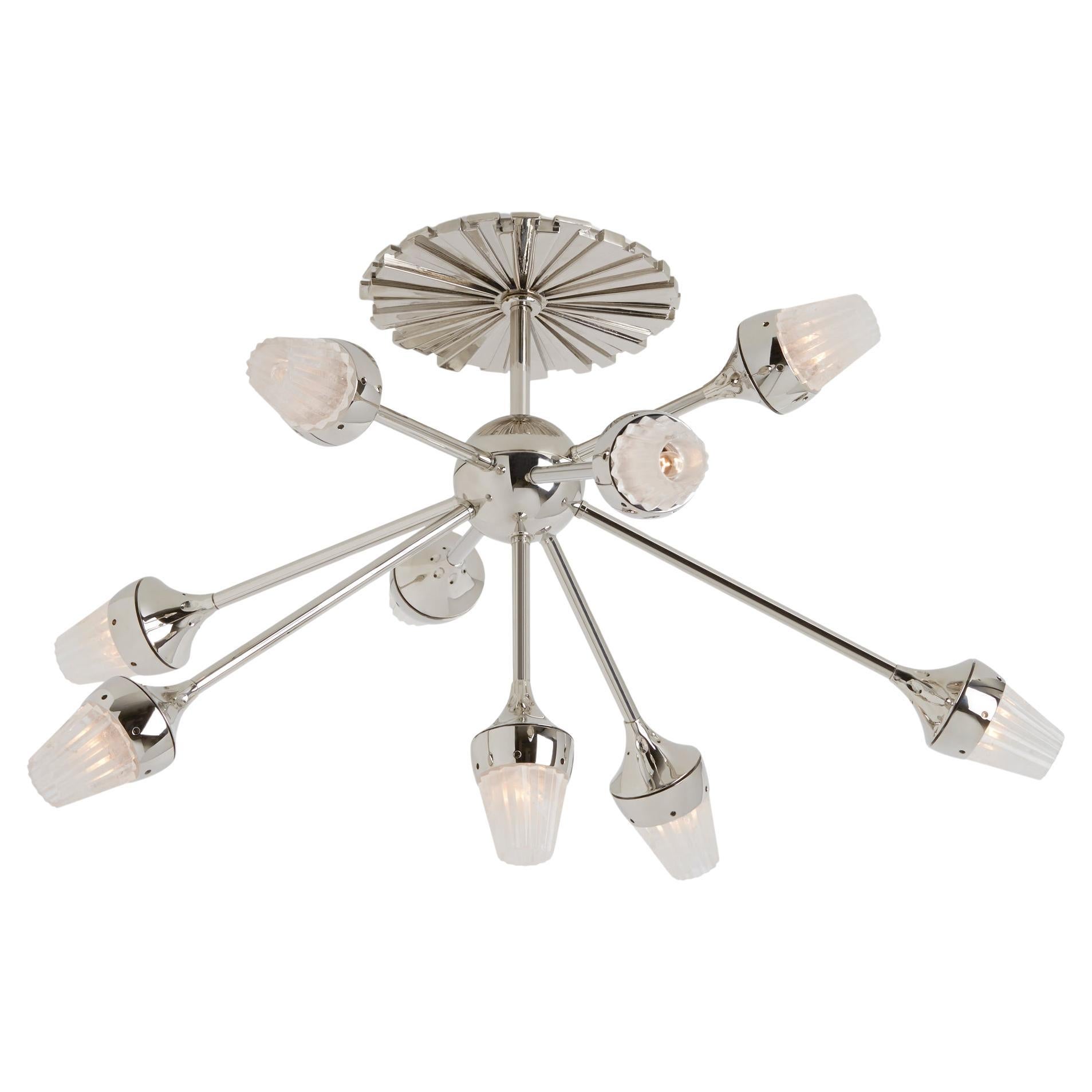 Star Burst Chandelier with Rock Crystal Shades in Polished Nickel For Sale