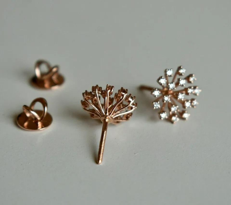 Round Cut Star Burst Natural Diamond Ear Stud Statement Earrings in 14k Gold For Sale