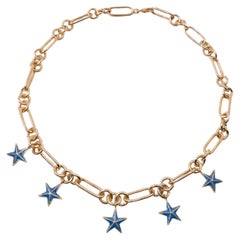 Star Charm Necklace Blue Enamel Gold Curb Chain Choker