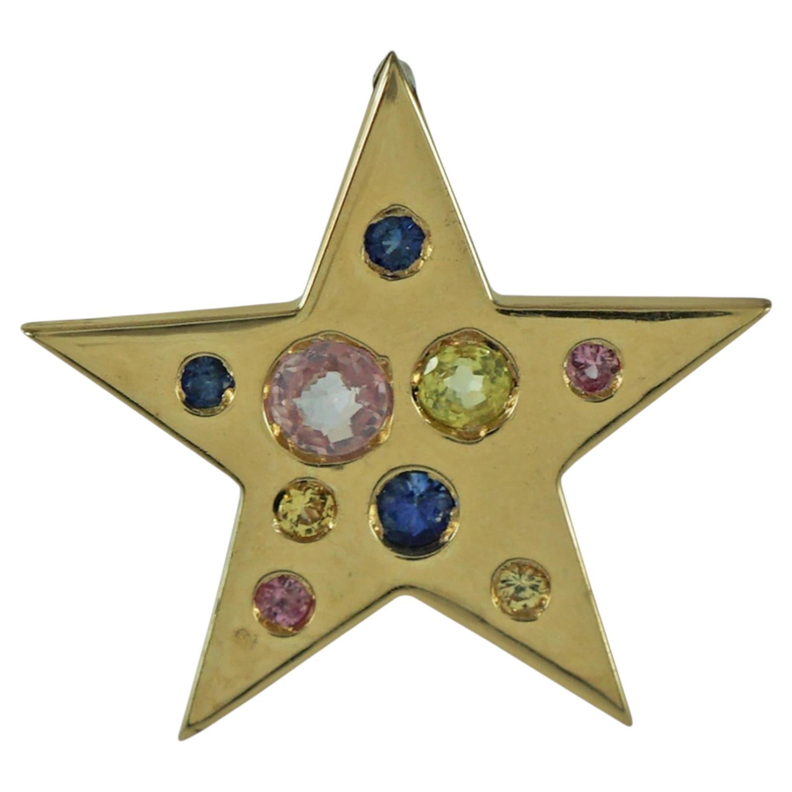 Star Charm Solid 14k Yellow Gold Jewelry Natural Multi Sapphire Gemstone Pendant