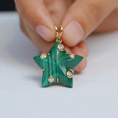 Star Charm Solid 14k Yellow Gold Natural Diamond Malachite Gemstone Gift Pendant