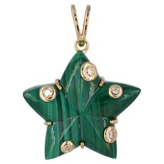 Star Charm Solid 14k Yellow Gold Natural Diamond Malachite Gemstone Gift Pendant