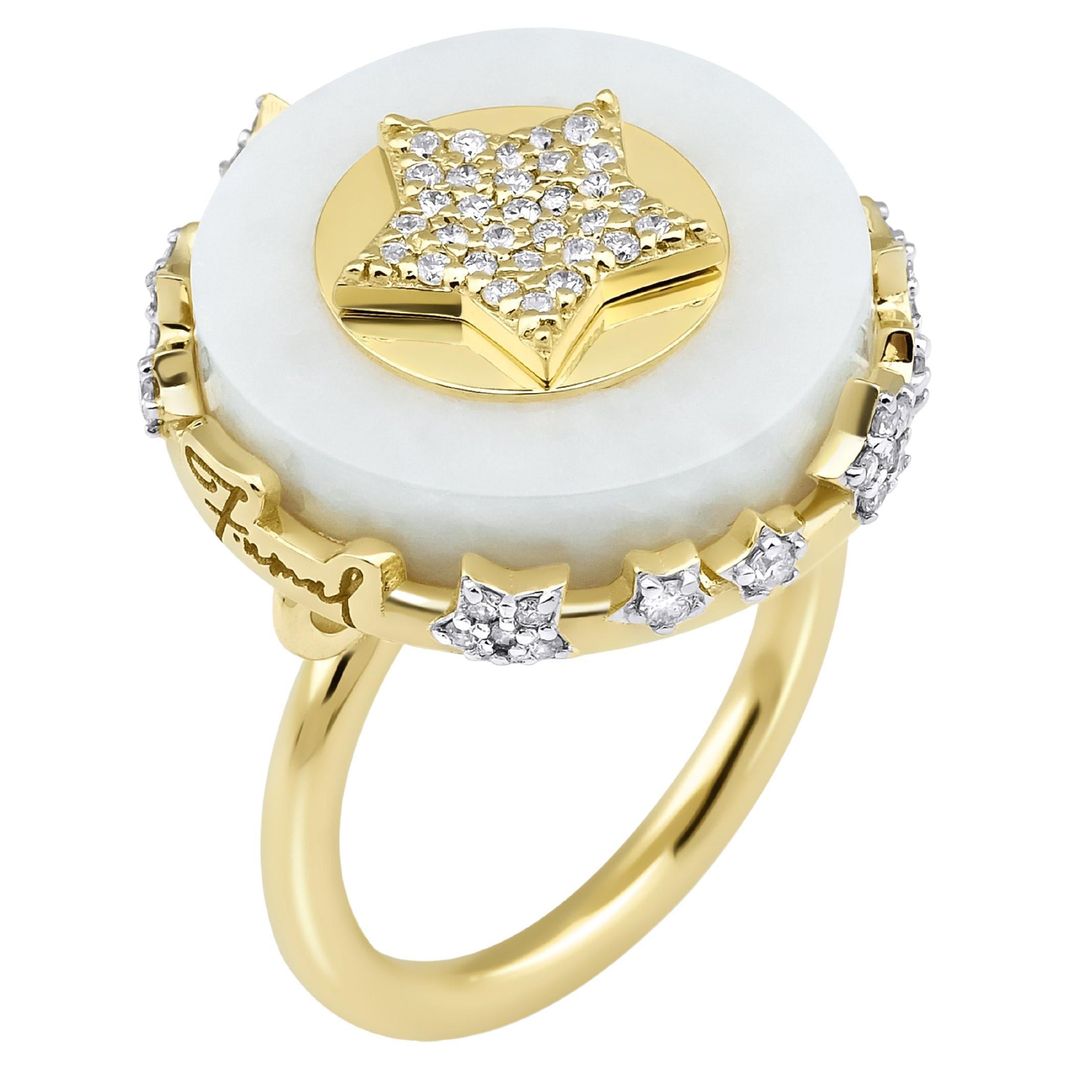 For Sale:  Star Charm White Marble Ring with 14k Yellow Gold and .69ct Natural Diamonds