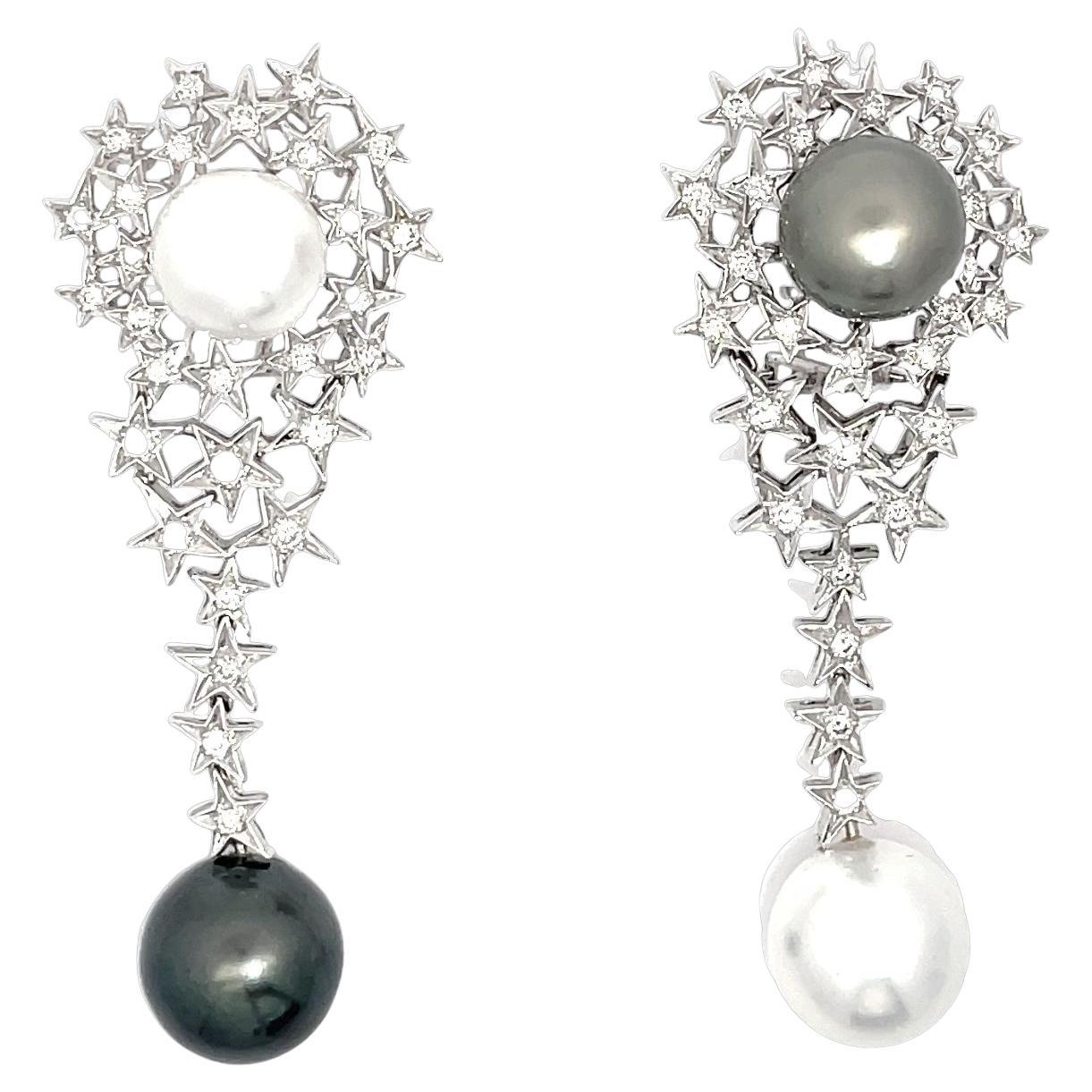 Star Cluster Diamond Long Earrings with White South Sea and Tahitian Pearls