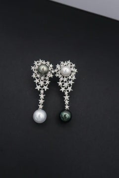 Star Cluster Diamond Long White South Sea Tahitian Pearls Gold Omega Earrings