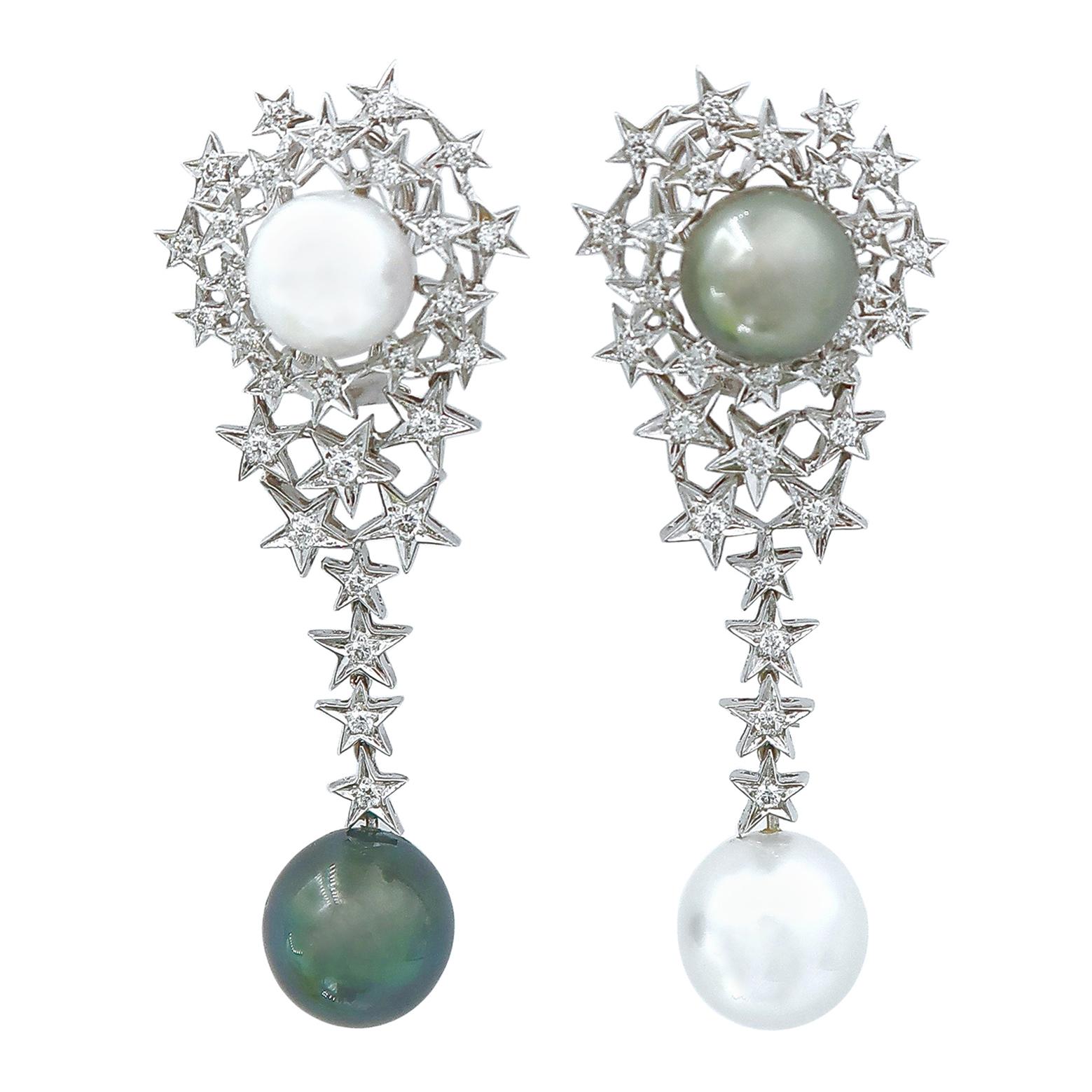 Star Cluster Diamond Long White South Sea Tahitian Pearls Gold Omega Earrings For Sale