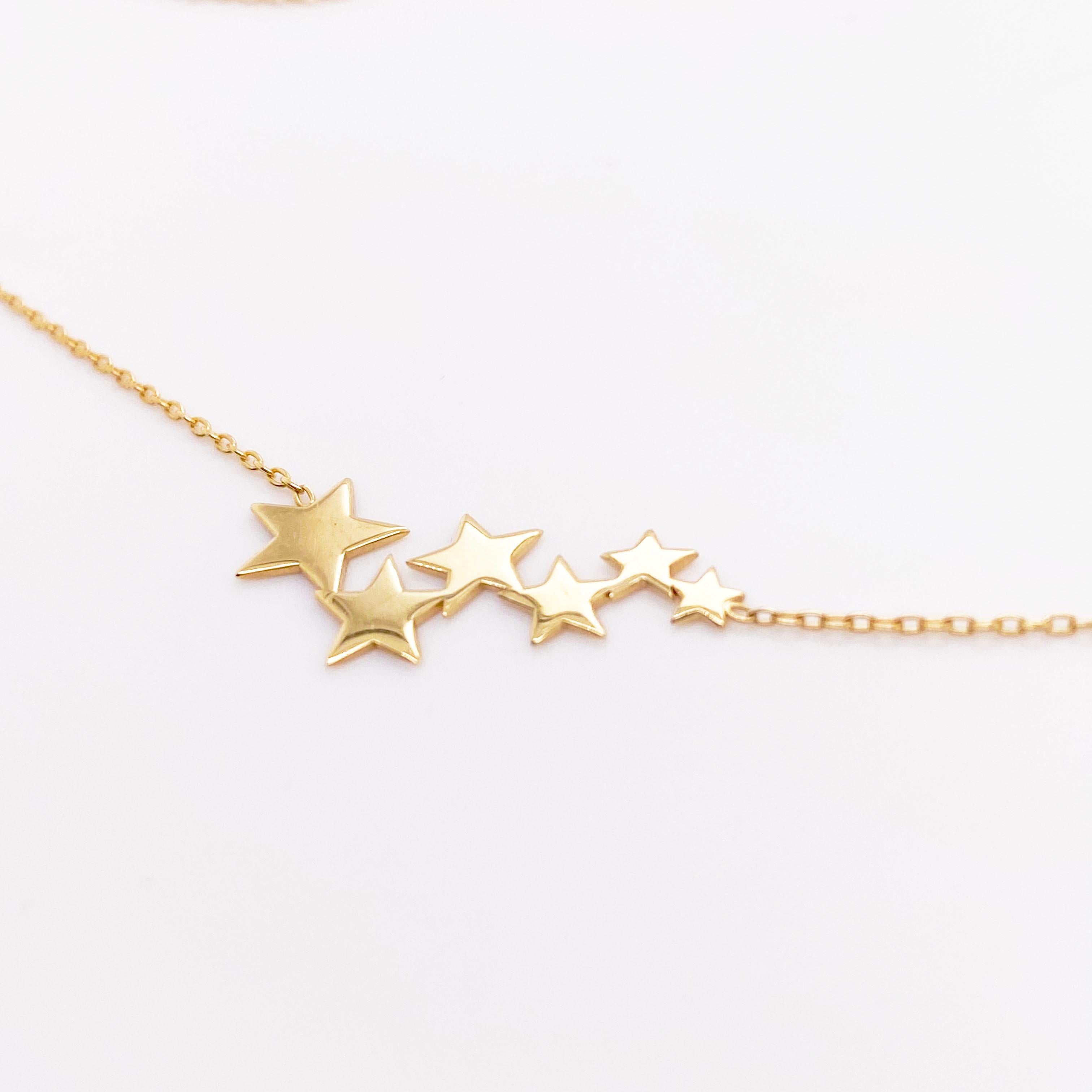 Contemporary Star Cluster Necklace w 6 Stars in 14K Yellow Gold w Adjustable Chain For Sale