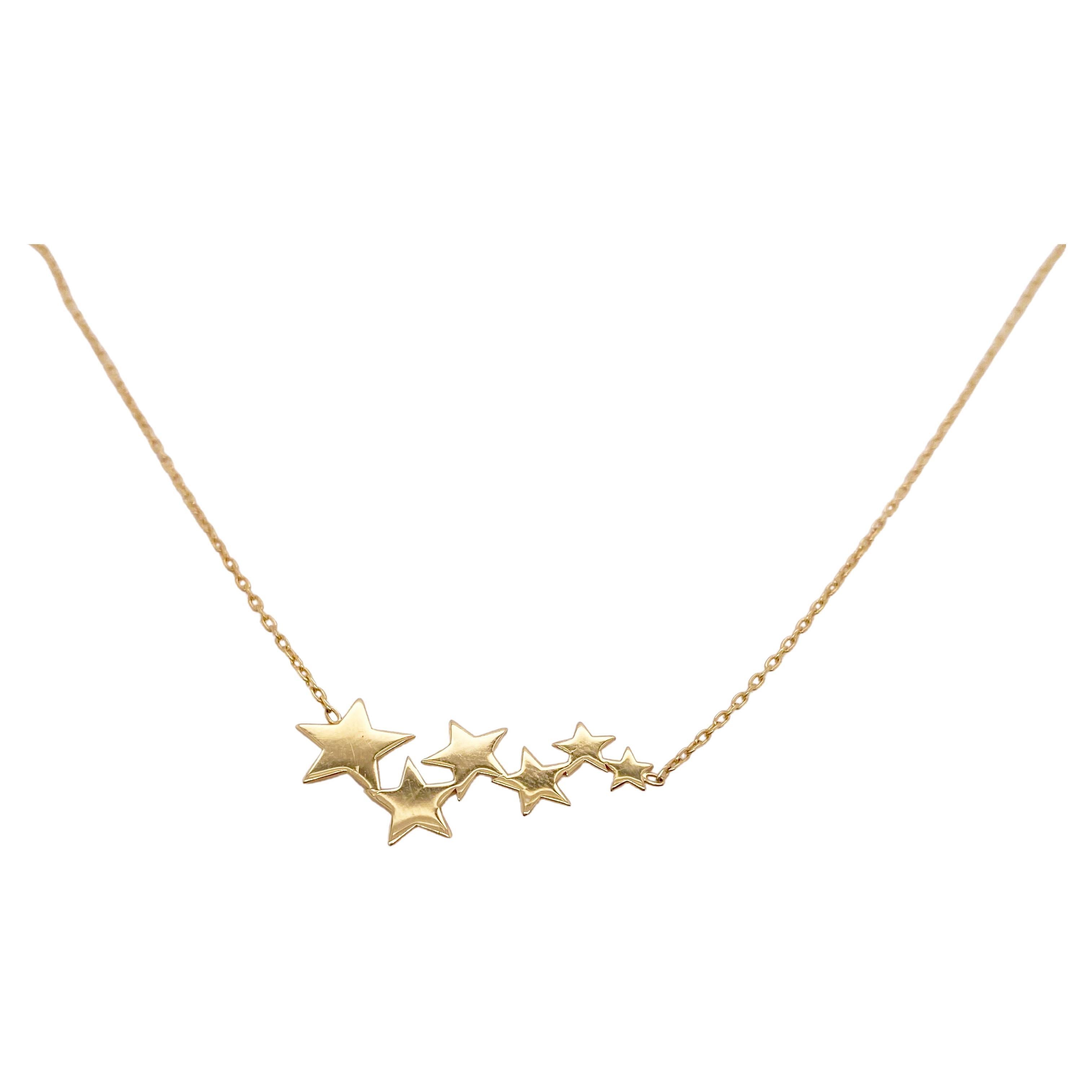 Star Cluster Necklace w 6 Stars in 14K Yellow Gold w Adjustable Chain For Sale