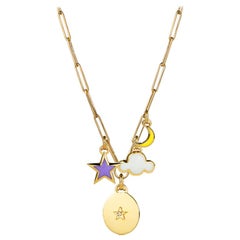 Star Coin, Star, Cloud & Moon Pendant Necklace, 14K Yellow Gold with Enamel