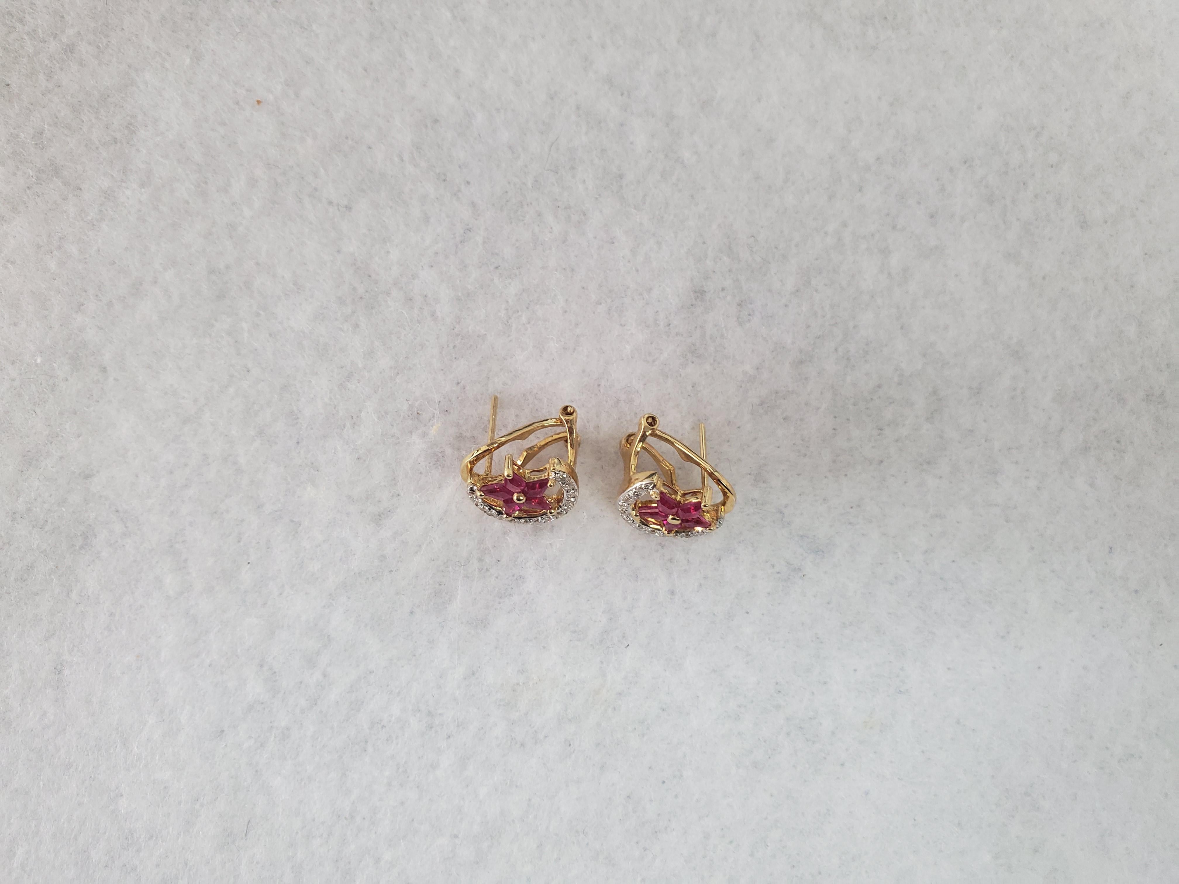 Round Cut Star & Crescent Moon Ruby Diamond Earrings 14k Yellow Gold For Sale