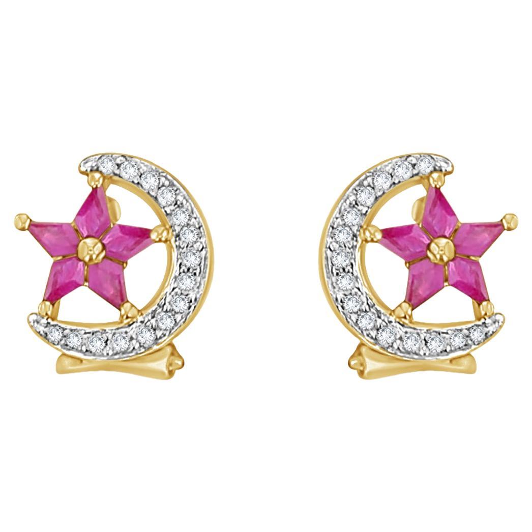 Pendientes Estrella y Luna Creciente Rubí Diamante Oro Amarillo 14k