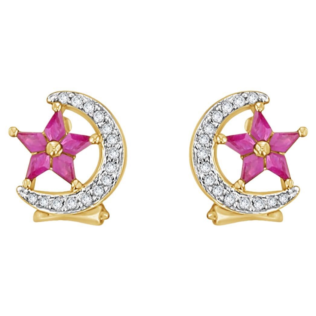 Star & Crescent Moon Ruby Diamond Earrings 14k Yellow Gold For Sale