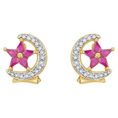 Star & Crescent Moon Ruby Diamond Earrings 14k Yellow Gold