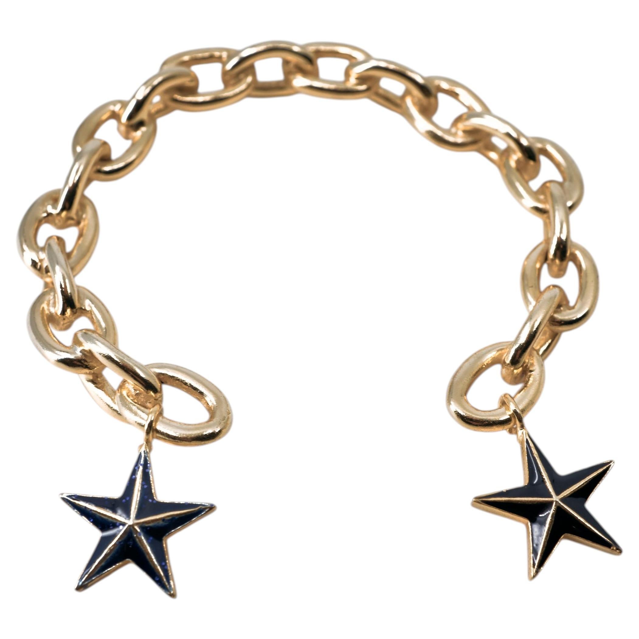 Gold Open Cuff Star Medallion Heavy Link Chain Bracelet For Sale