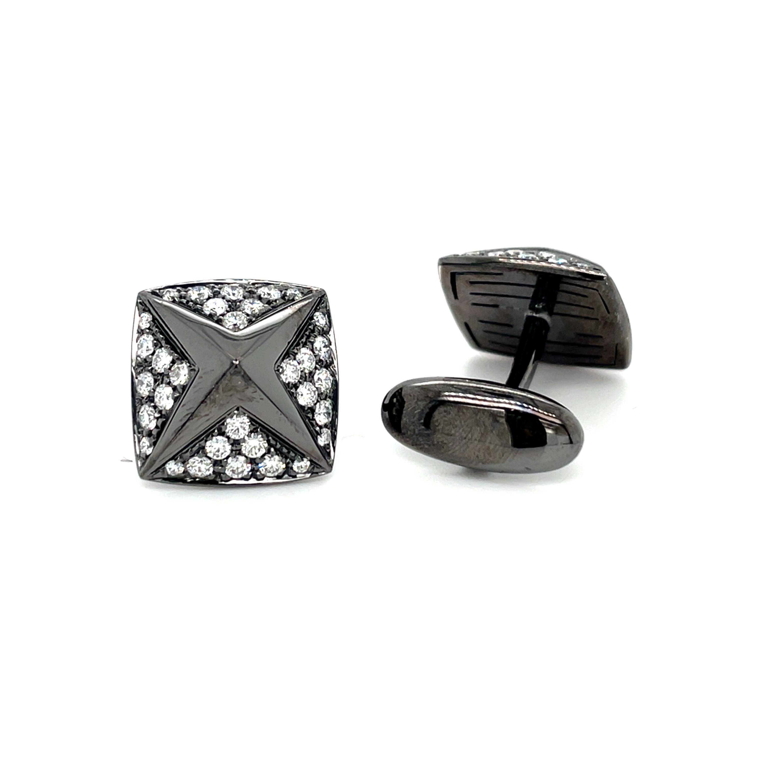 These  white gold cufflinks are from Men's Collection. These black rhodium cufflinks are decorated with diamonds G color VS2 clarity. The total amount of diamonds is 1.34 Carat. The dimensions of the cufflinks are 1.4cm x 1.4cm. These cufflinks are