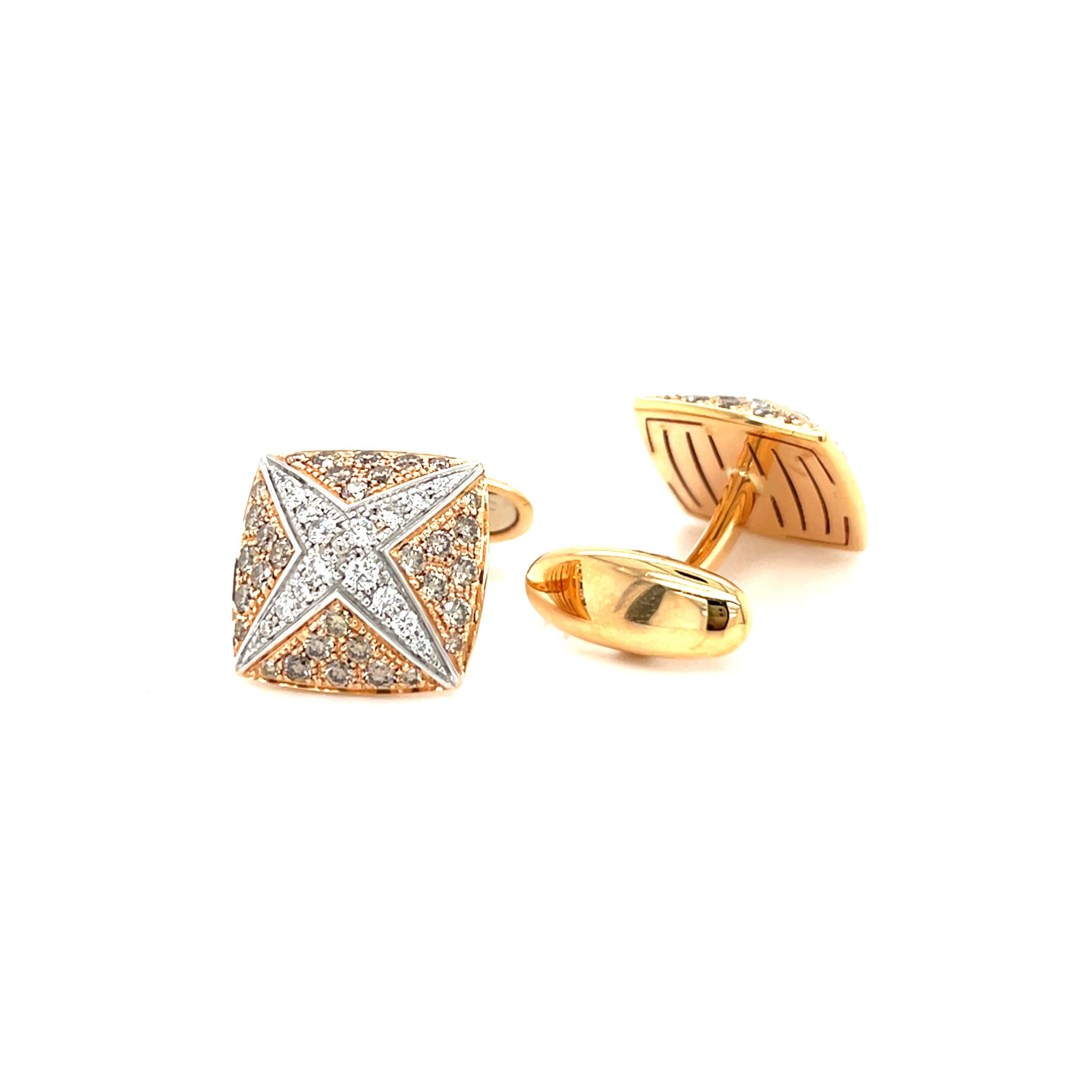 These  yelllow gold cufflinks are from Men's Collection. These cufflinks are decorated with diamonds G color VS2 clarity. The total amount of diamonds is 0.54 Carat and brown diamonds 1.42. The dimensions of the cufflinks are 1.5cm x 1.5cm. These