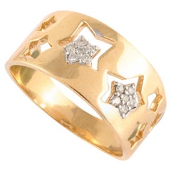 Star Cutout Genuine Diamond Band Ring 18 Karat Solid Yellow Gold Fine Jewelry